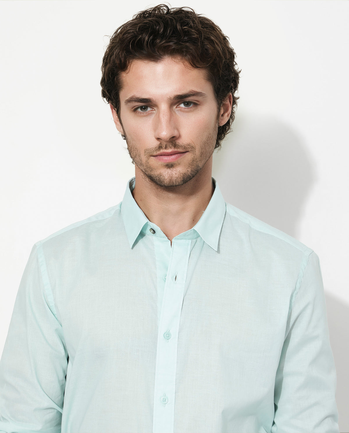 Rare Rabbit Men's Fullsleen Pastel Turq Cotton Fabric Full Sleeves Collared Neck Regular Fit Solid Shirt