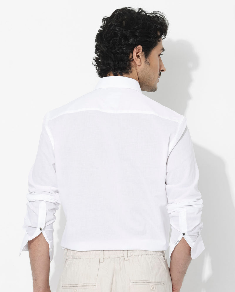 Rare Rabbit Men's Fullsleen White Cotton Fabric Full Sleeves Collared Neck Regular Fit Solid Shirt