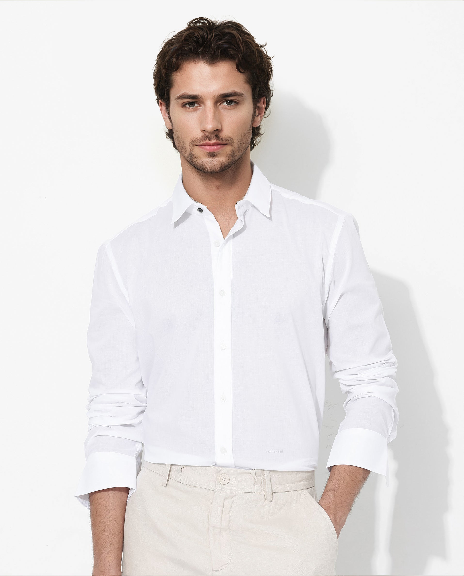Rare Rabbit Men's Fullsleen White Cotton Fabric Full Sleeves Collared Neck Regular Fit Solid Shirt