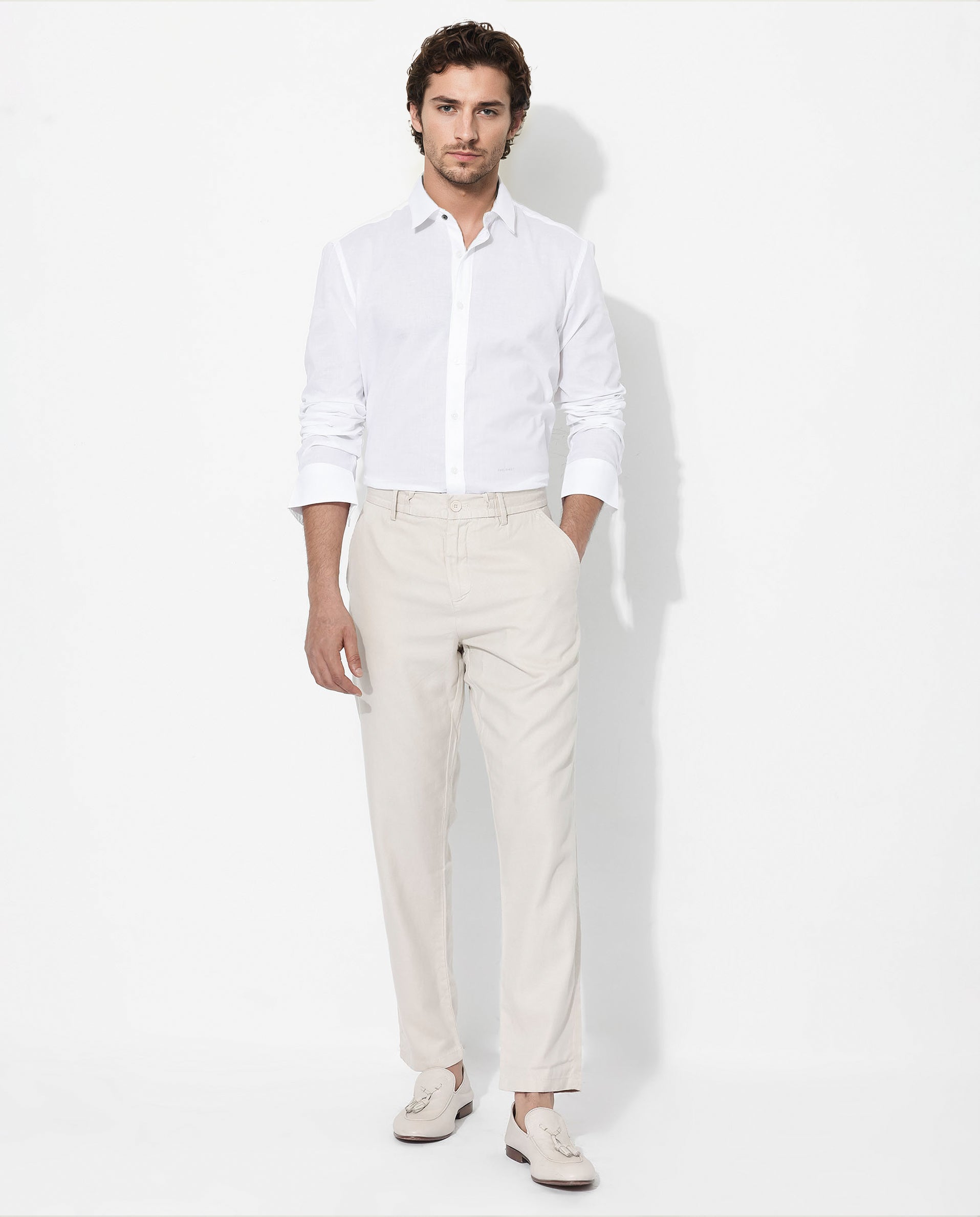 Rare Rabbit Men's Fullsleen White Cotton Fabric Full Sleeves Collared Neck Regular Fit Solid Shirt