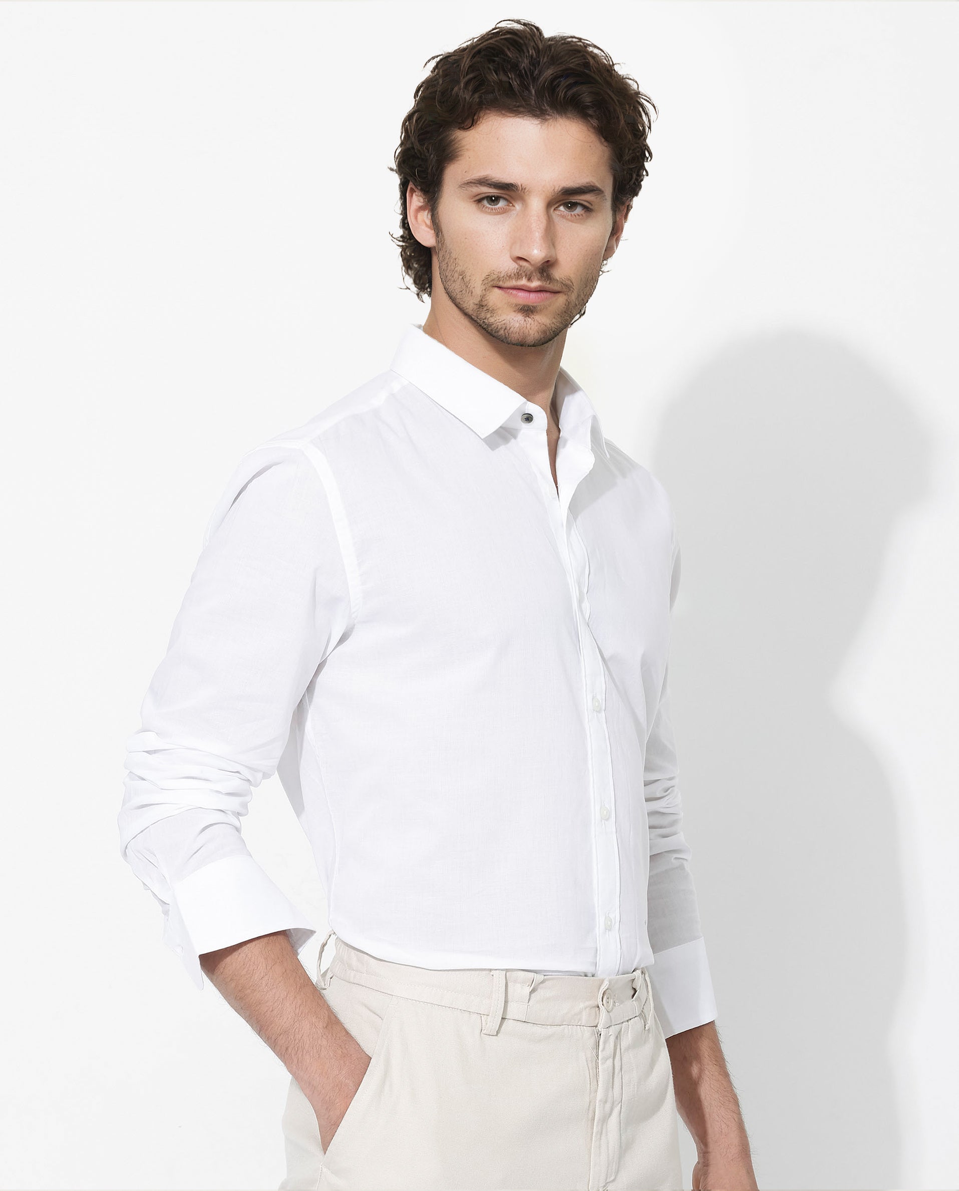 Rare Rabbit Men's Fullsleen White Cotton Fabric Full Sleeves Collared Neck Regular Fit Solid Shirt