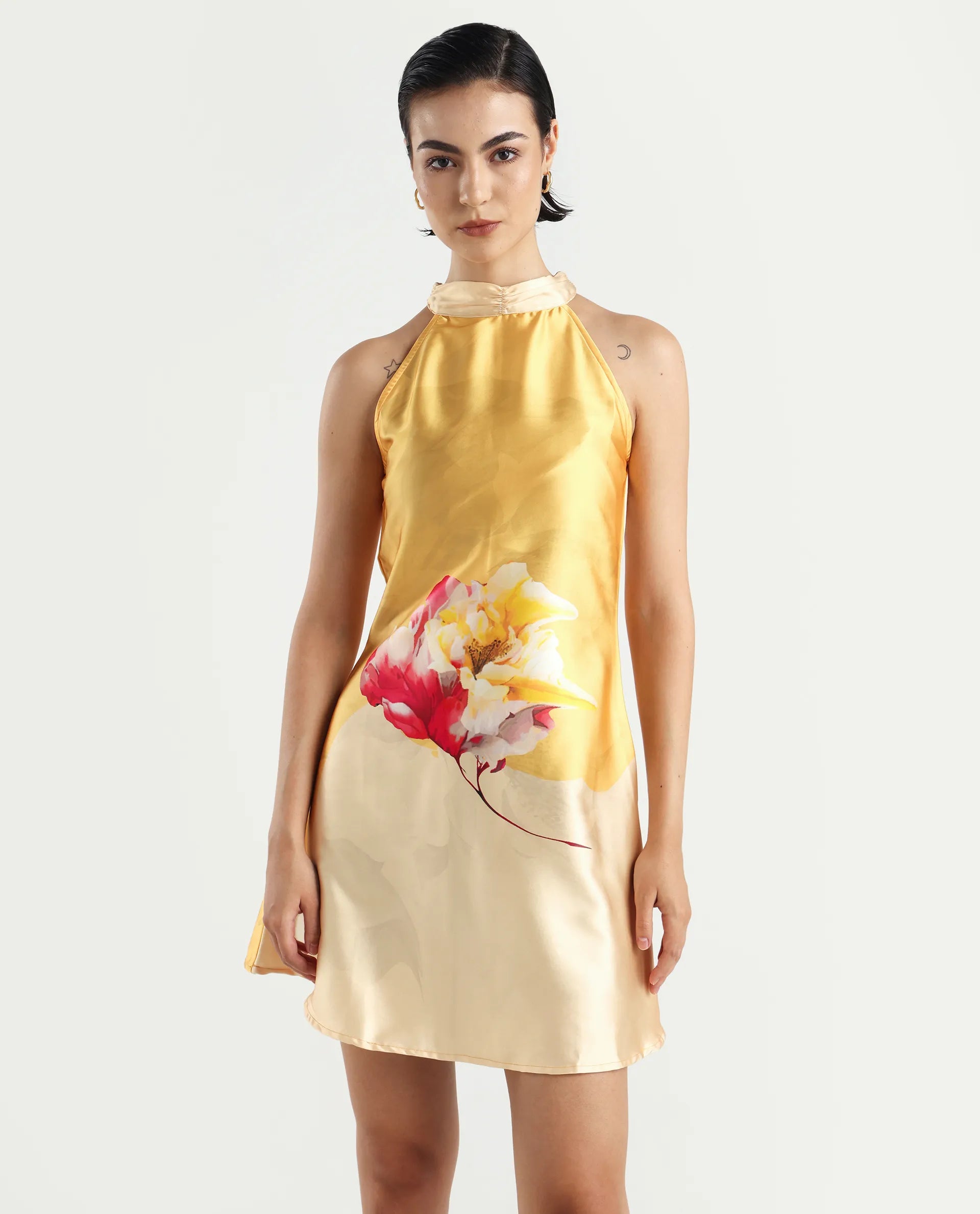 Rareism Women's Fumero Yellow Polyester Halter Neck Floral Print Sleeveless Mini Straight Fit Dress