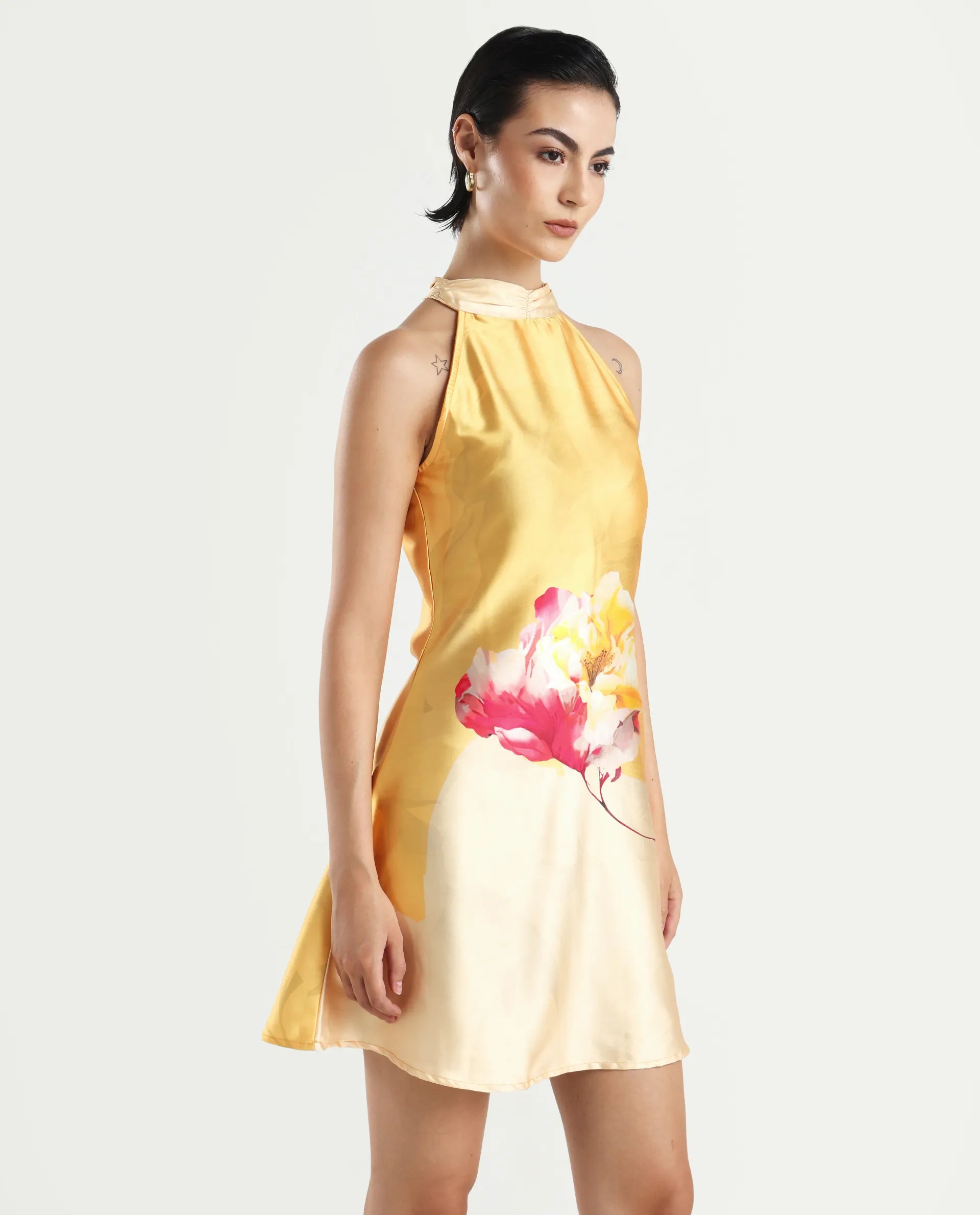 Rareism Women's Fumero Yellow Polyester Halter Neck Floral Print Sleeveless Mini Straight Fit Dress