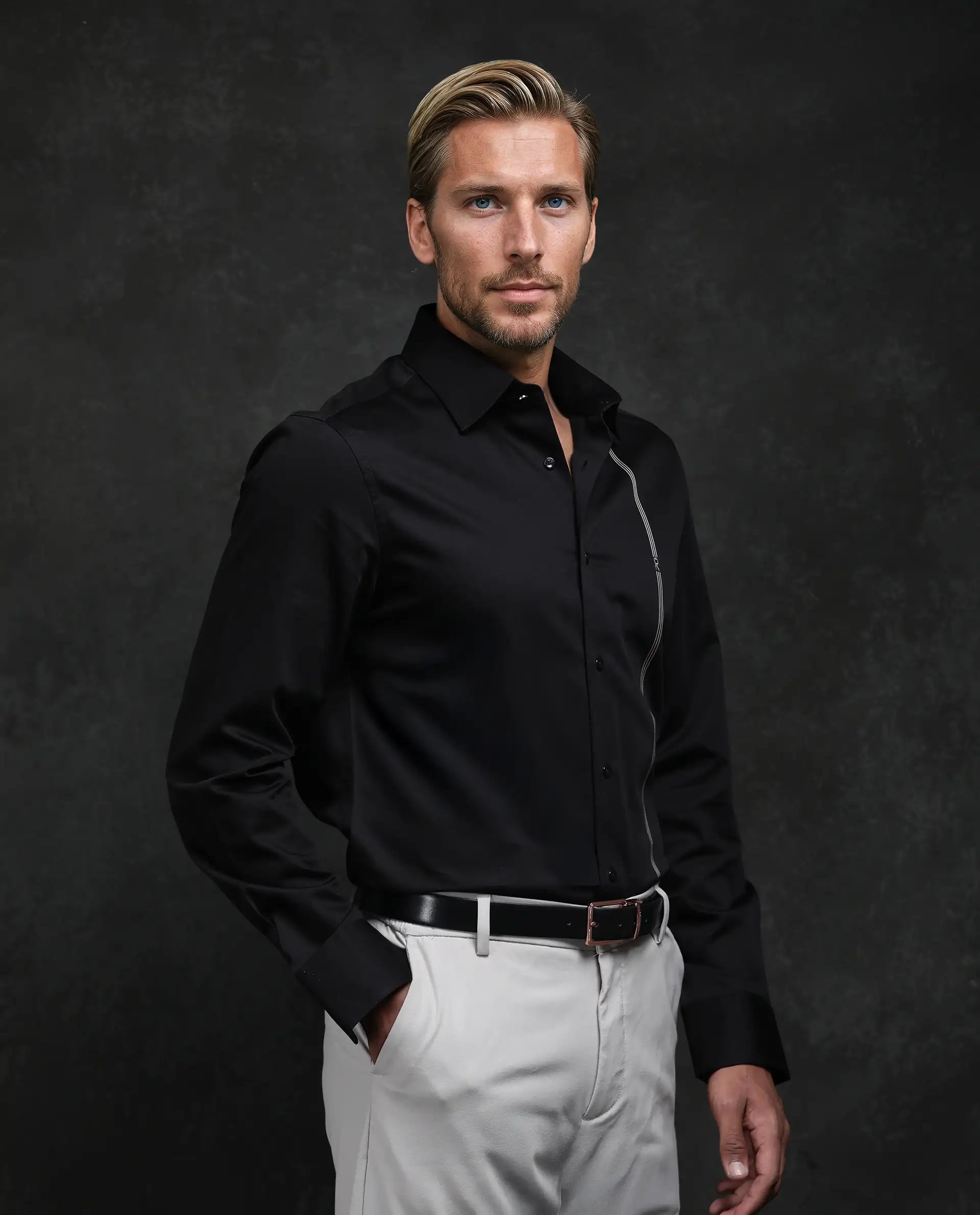 Rare Rabbit Men's Fump Black Cotton Jacquard Regular Fit Full Sleeve Collared Shirt