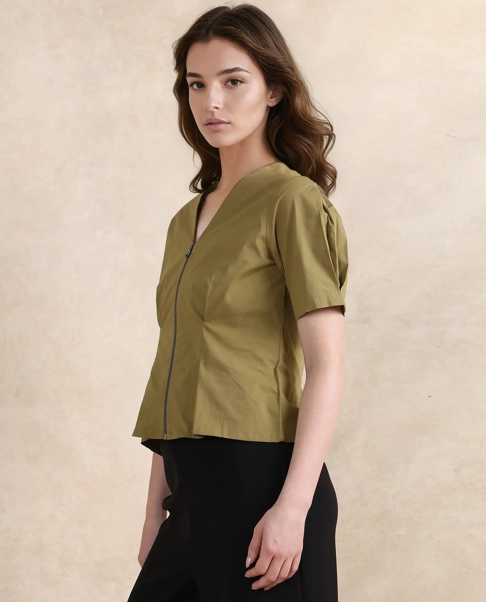 Rareism Women Funit Dusky Olive Cotton Fabric Fashion Sleeve V-Neck Zipper Closure Cropped Plain Top