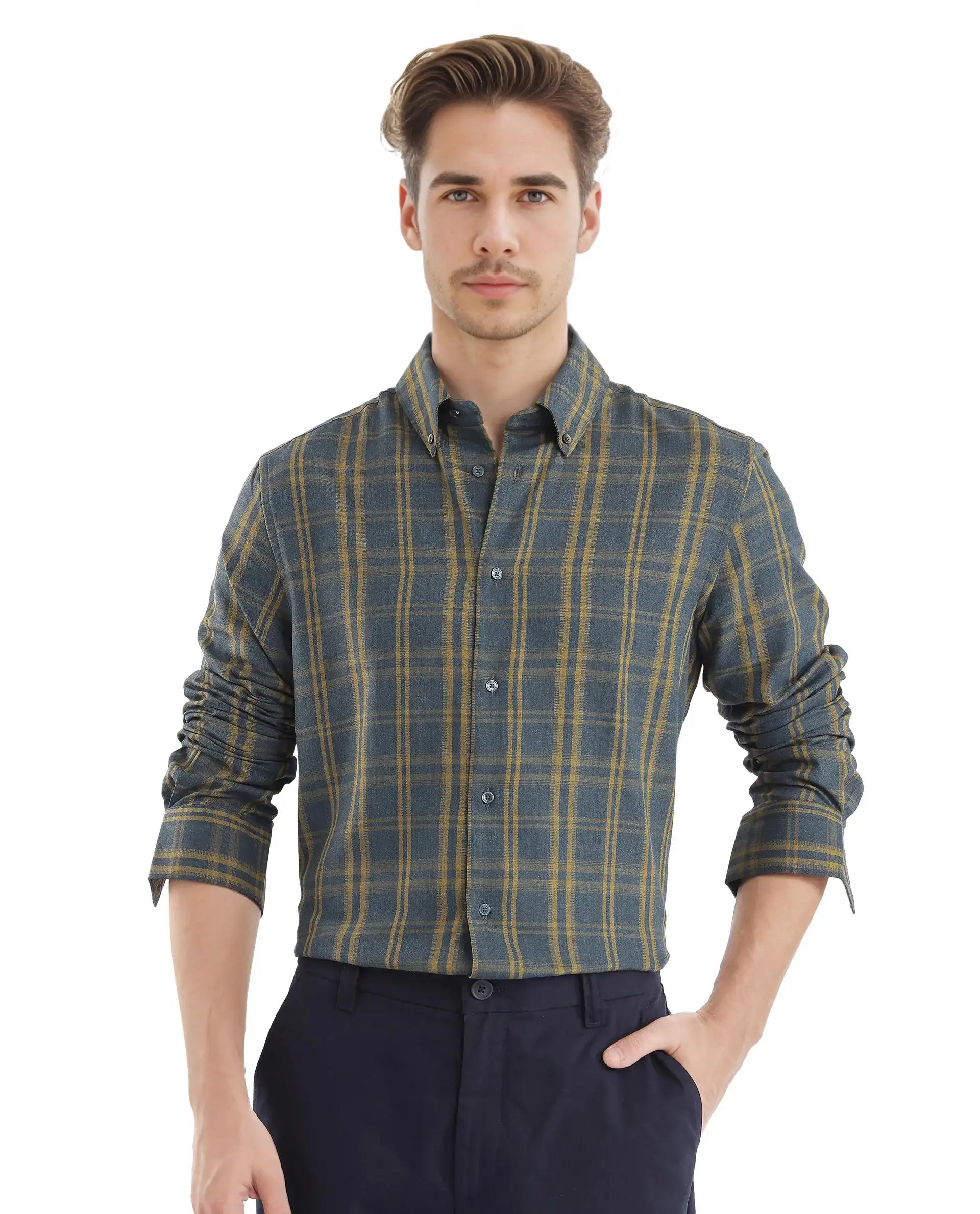 Rare Rabbit Men's Funto Dark Blue Cotton Checked Print Regular Fit Full Sleeve Collared Shirt