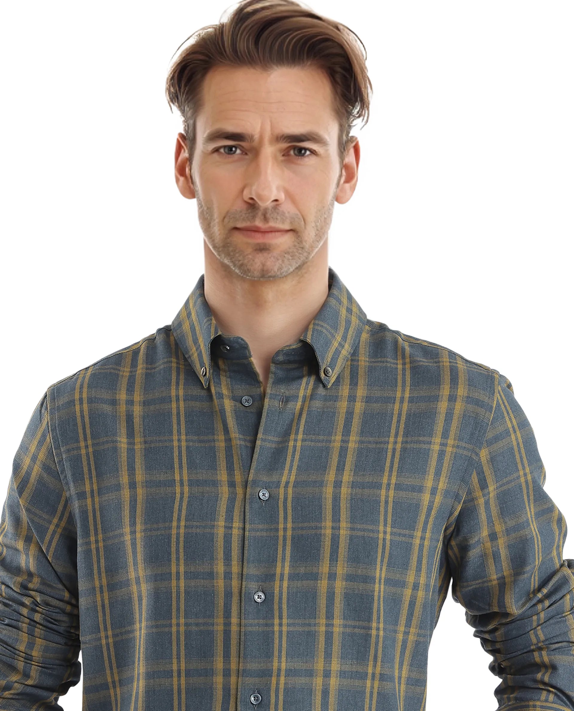 Rare Rabbit Men's Funto Dark Blue Cotton Fabric Full Sleeve Regular Fit Checks Shirt