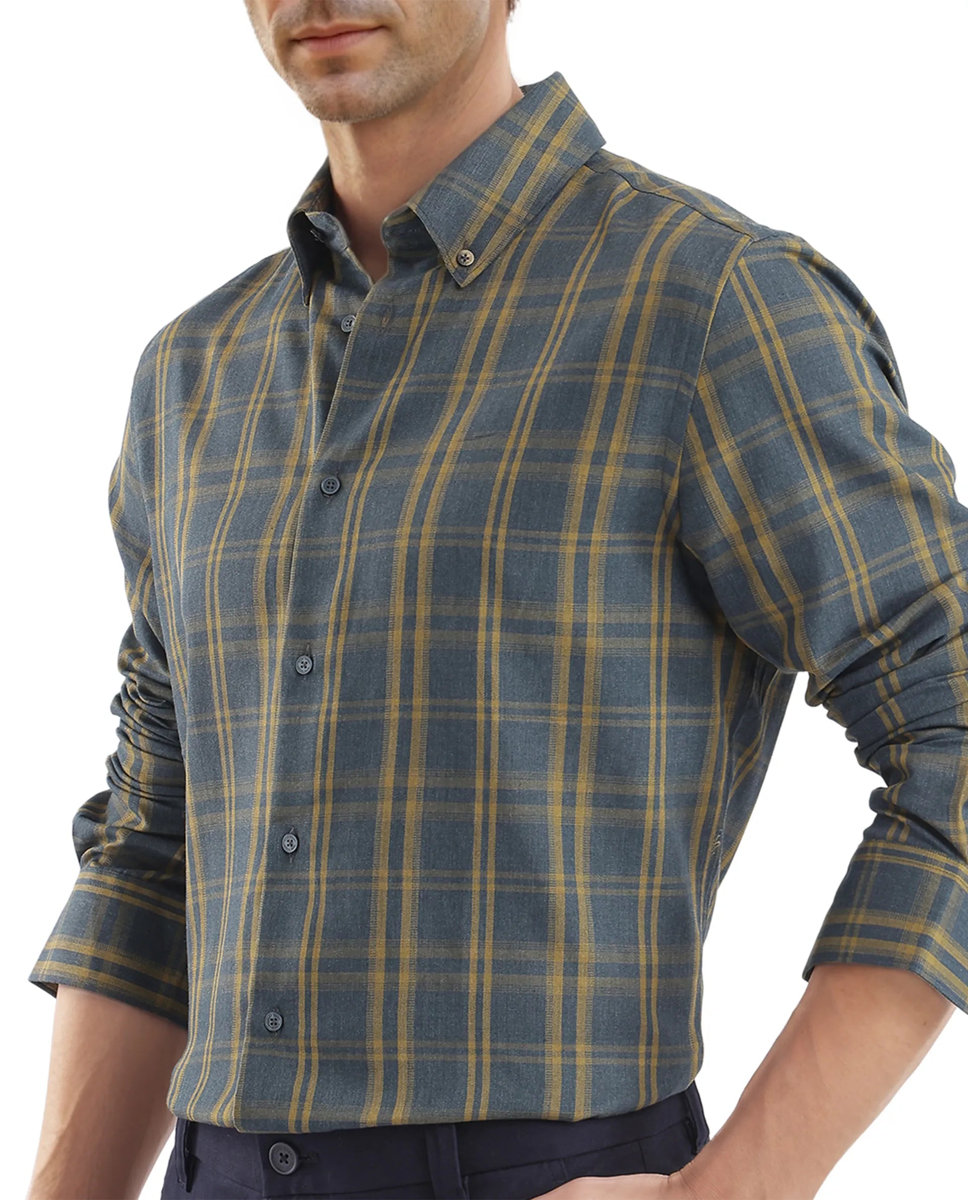 Rare Rabbit Men's Funto Dark Blue Cotton Fabric Full Sleeve Regular Fit Checks Shirt