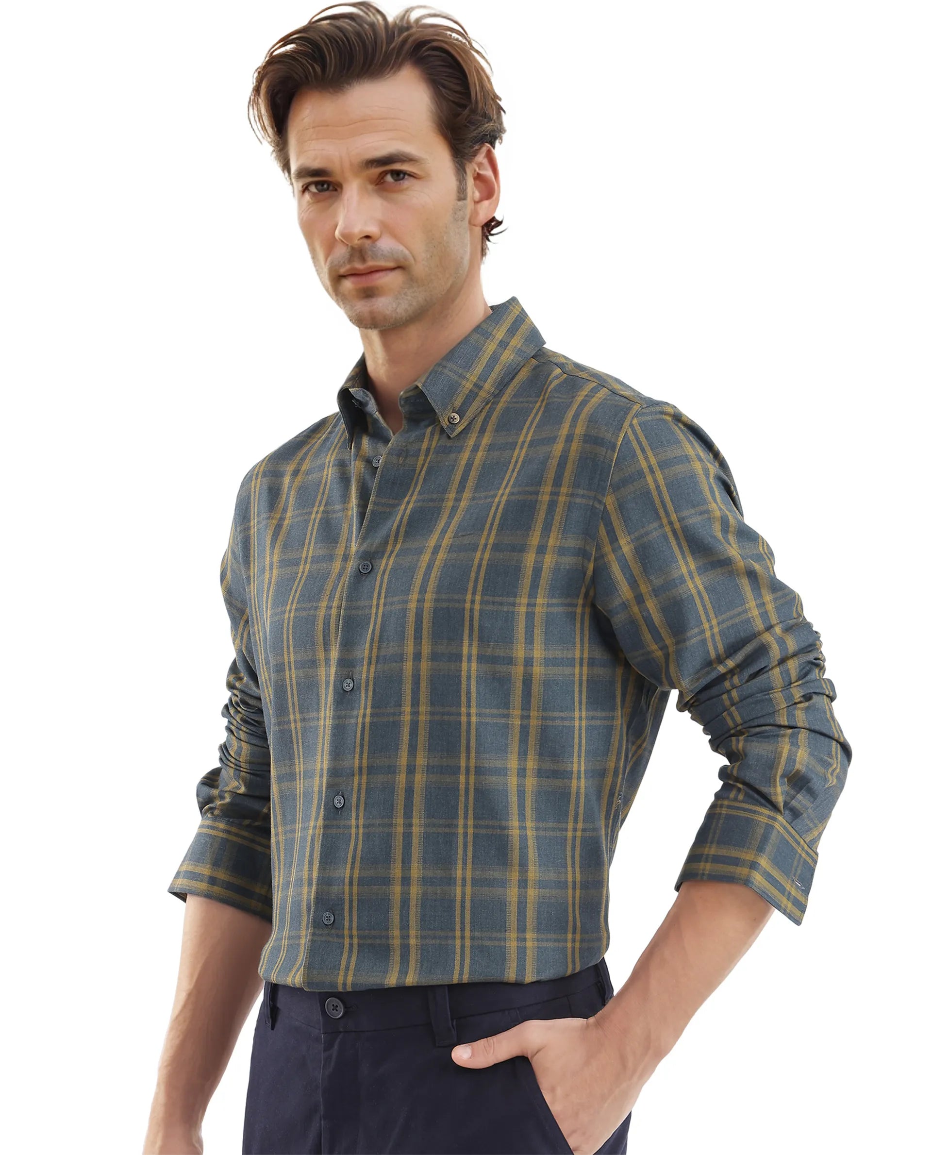 Rare Rabbit Men's Funto Dark Blue Cotton Fabric Full Sleeve Regular Fit Checks Shirt