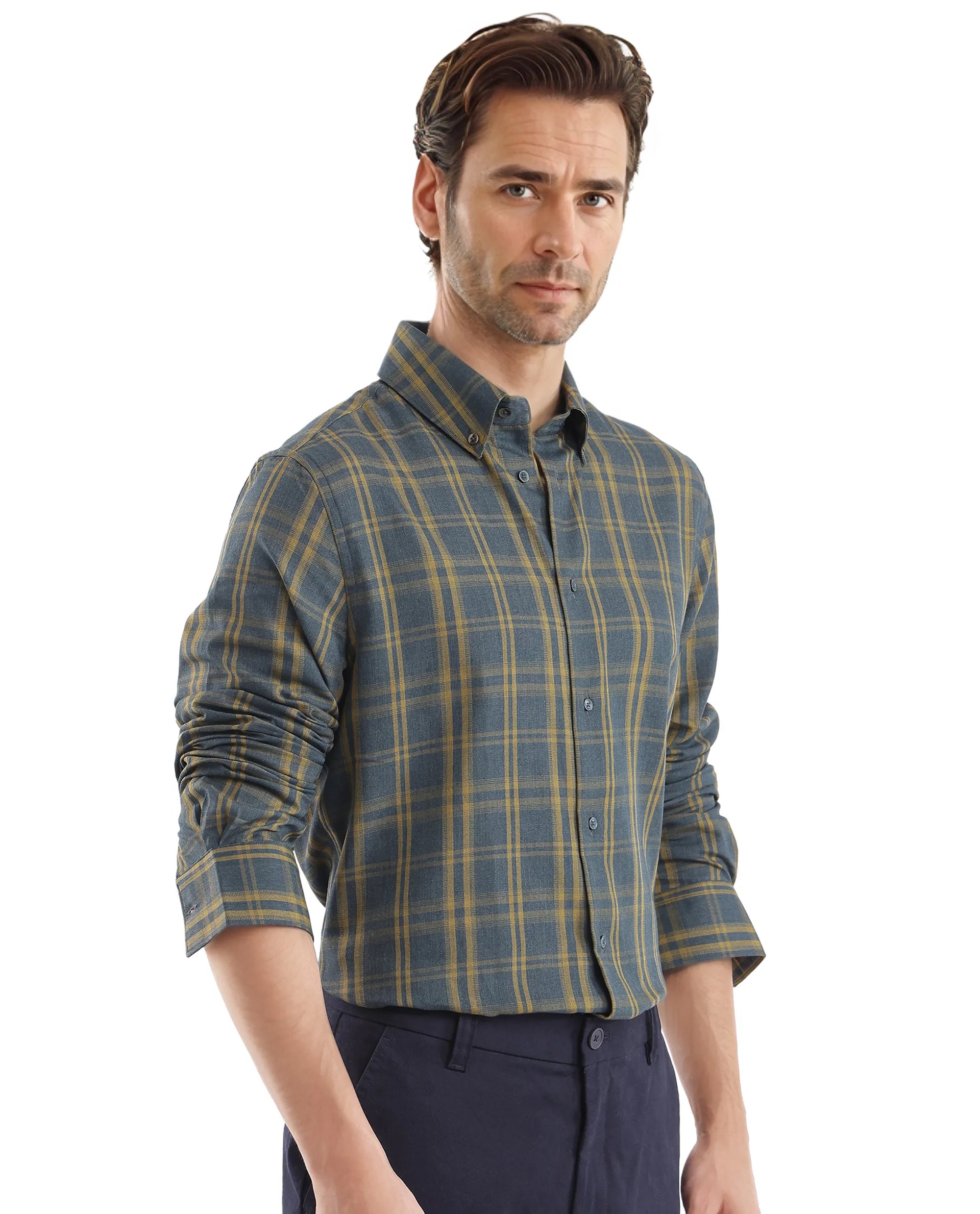 Rare Rabbit Men's Funto Dark Blue Cotton Fabric Full Sleeve Regular Fit Checks Shirt