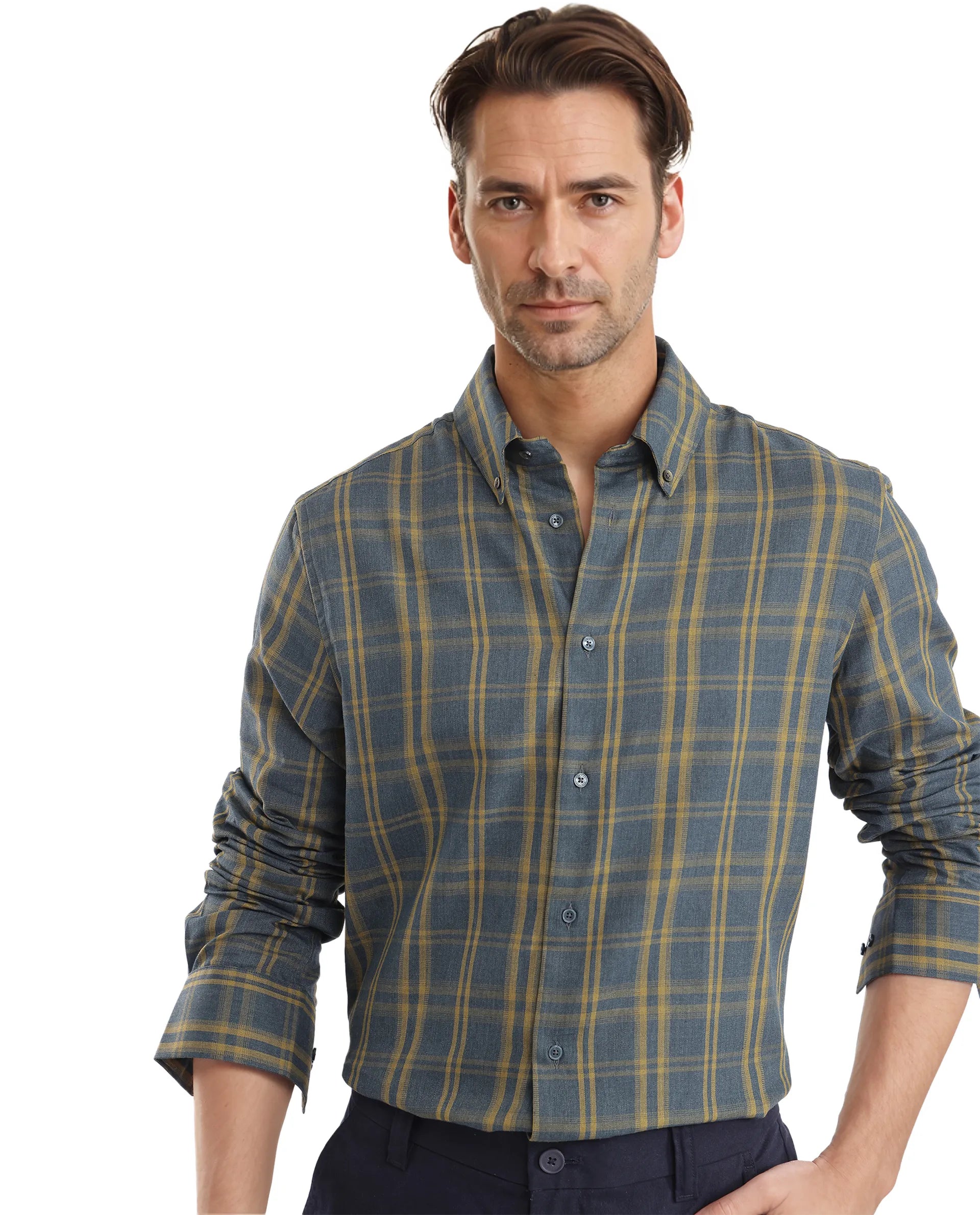 Rare Rabbit Men's Funto Dark Blue Cotton Fabric Full Sleeve Regular Fit Checks Shirt