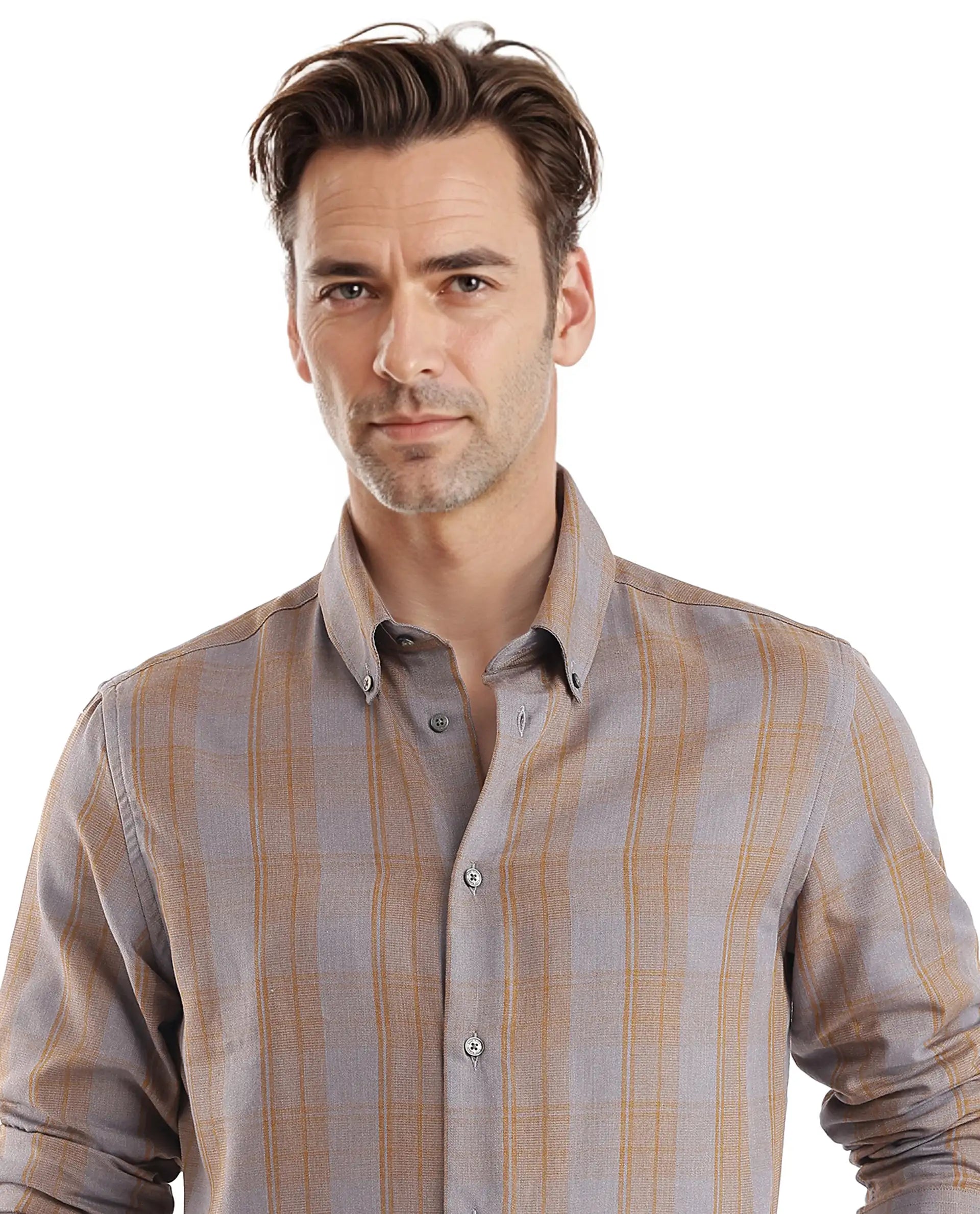 Rare Rabbit Men's Funto Dark Grey Cotton Fabric Full Sleeve Regular Fit Checks Shirt