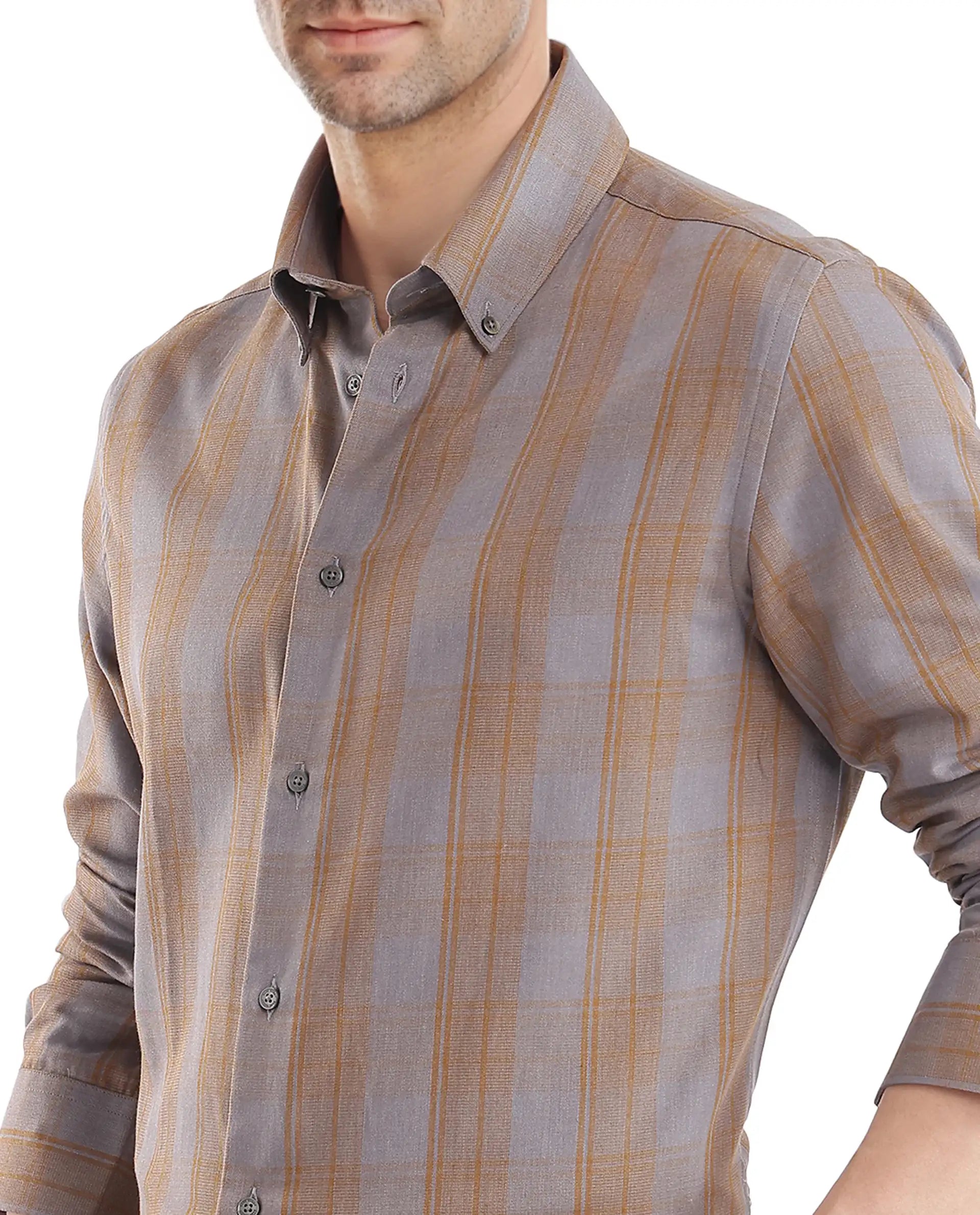 Rare Rabbit Men's Funto Dark Grey Cotton Fabric Full Sleeve Regular Fit Checks Shirt