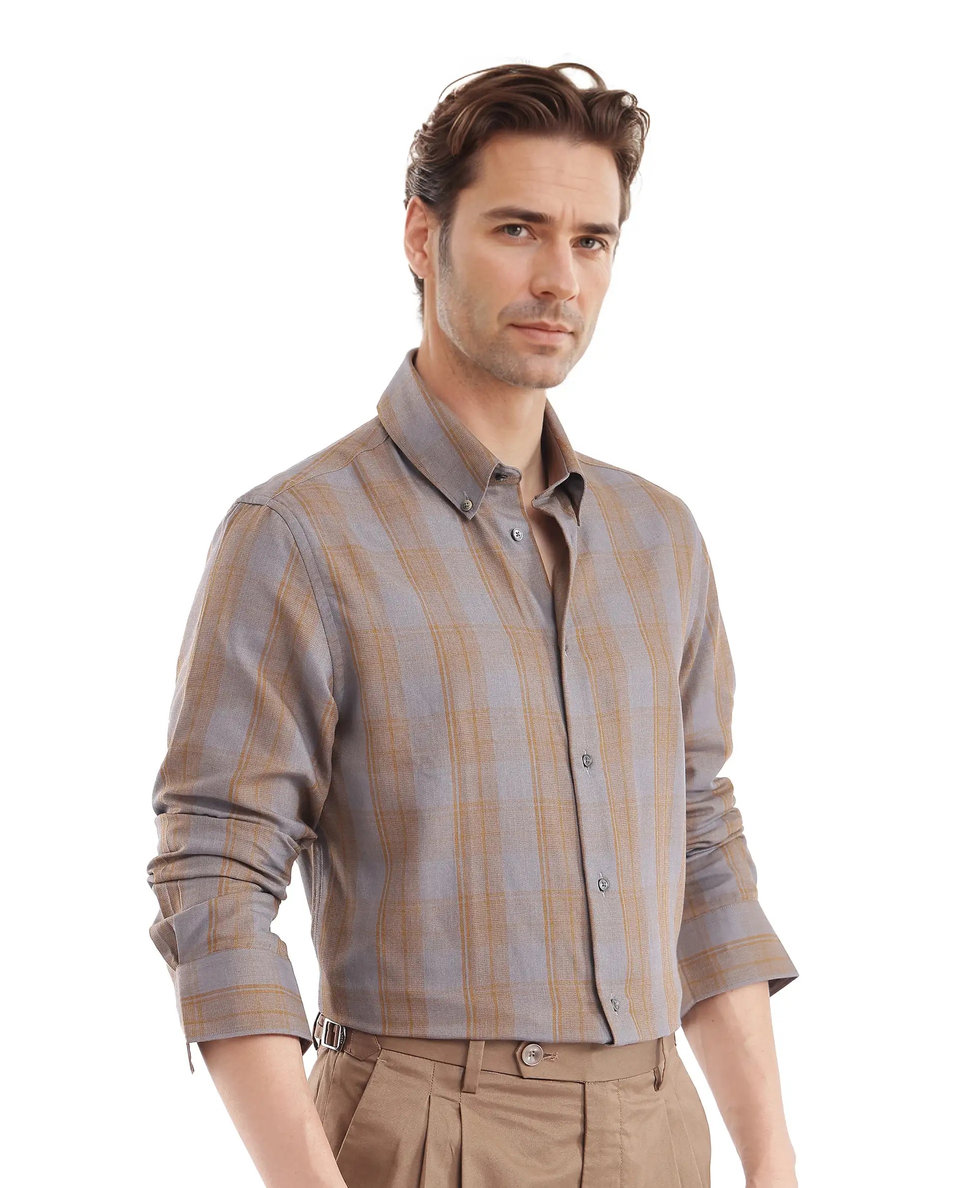 Rare Rabbit Men's Funto Dark Grey Cotton Fabric Full Sleeve Regular Fit Checks Shirt