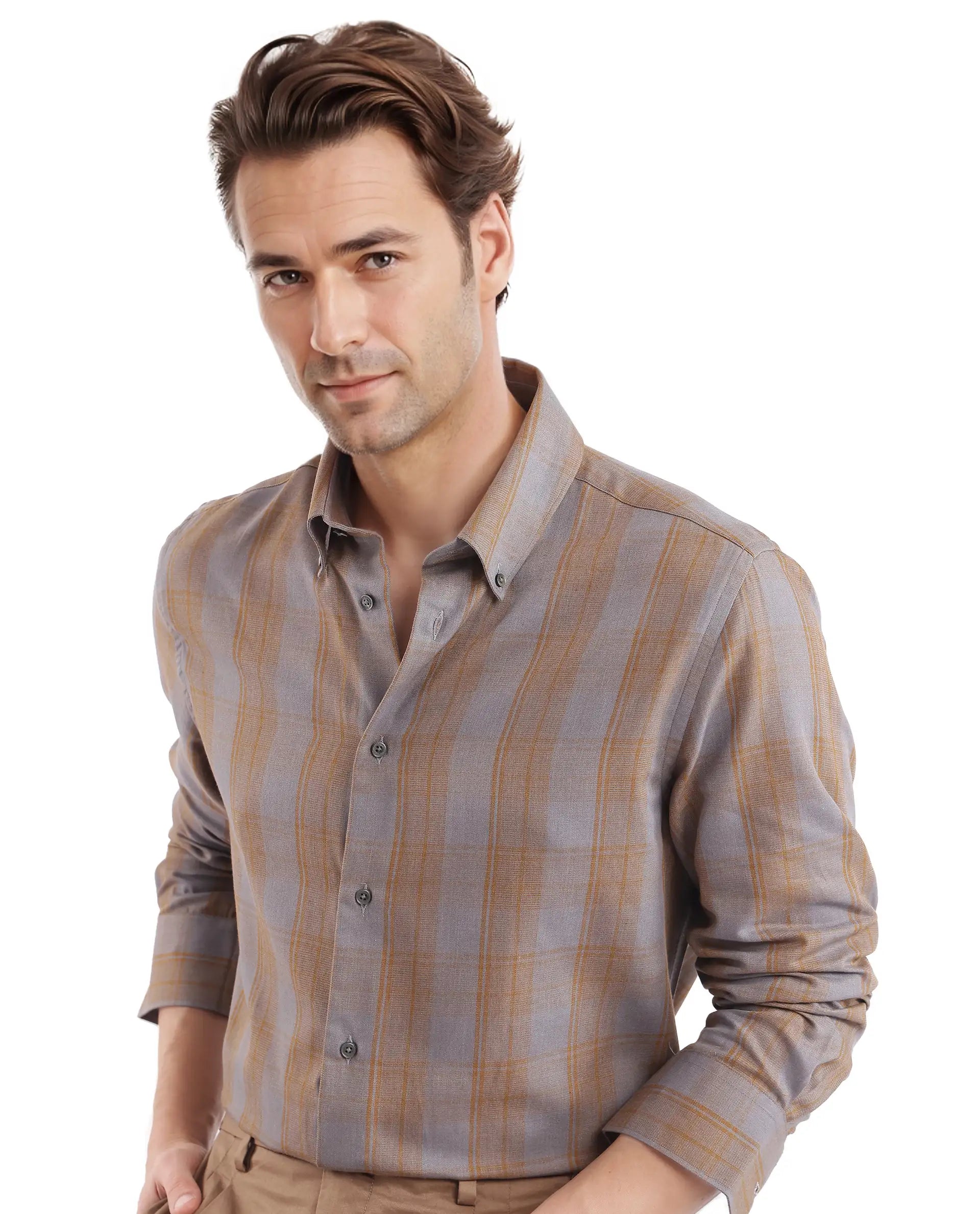 Rare Rabbit Men's Funto Dark Grey Cotton Fabric Full Sleeve Regular Fit Checks Shirt