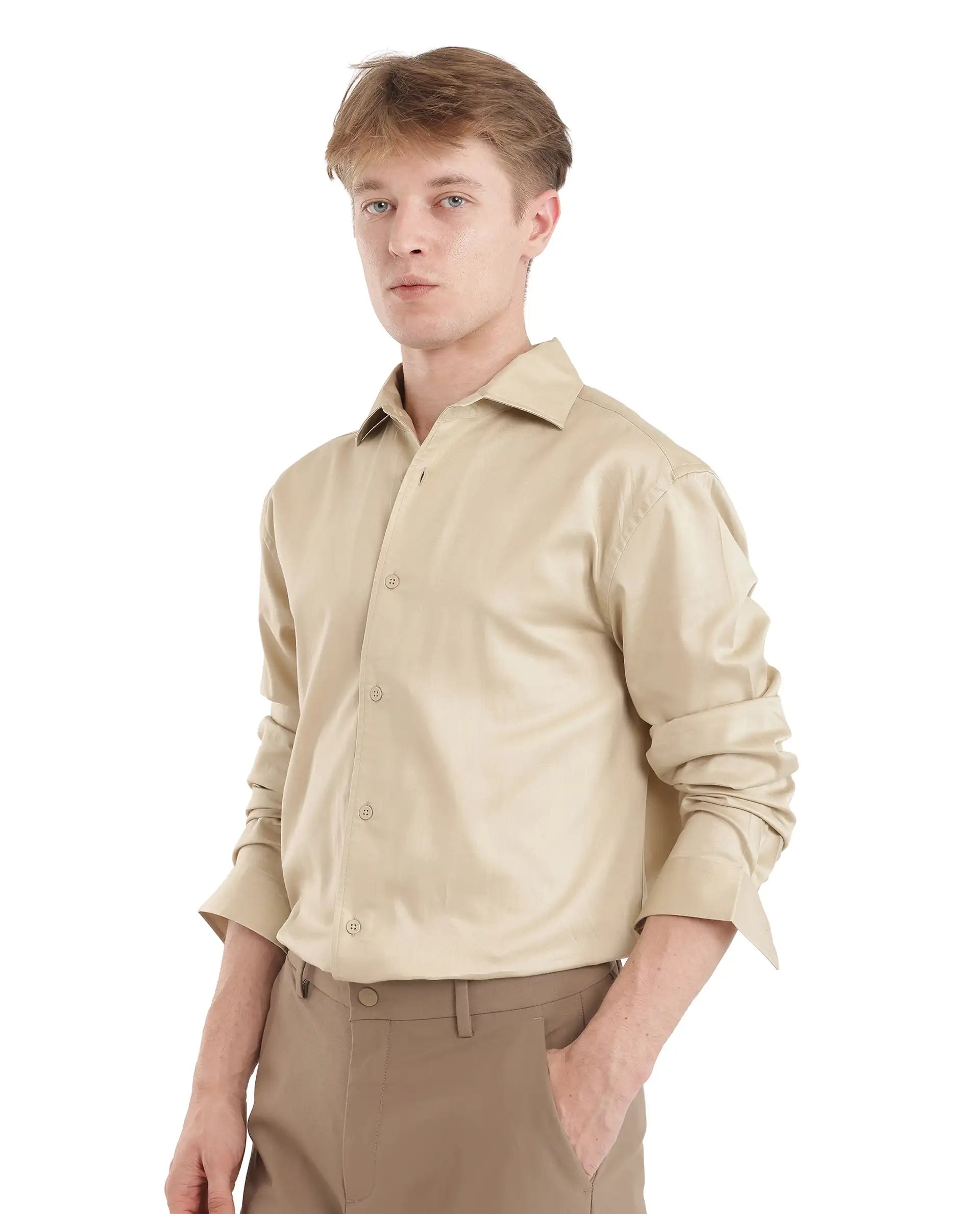 Rare Rabbit Men's Fury Beige Cotton Fabric Full Sleeve Collared Neck Button Closure Relaxed Fit Plain Shirt