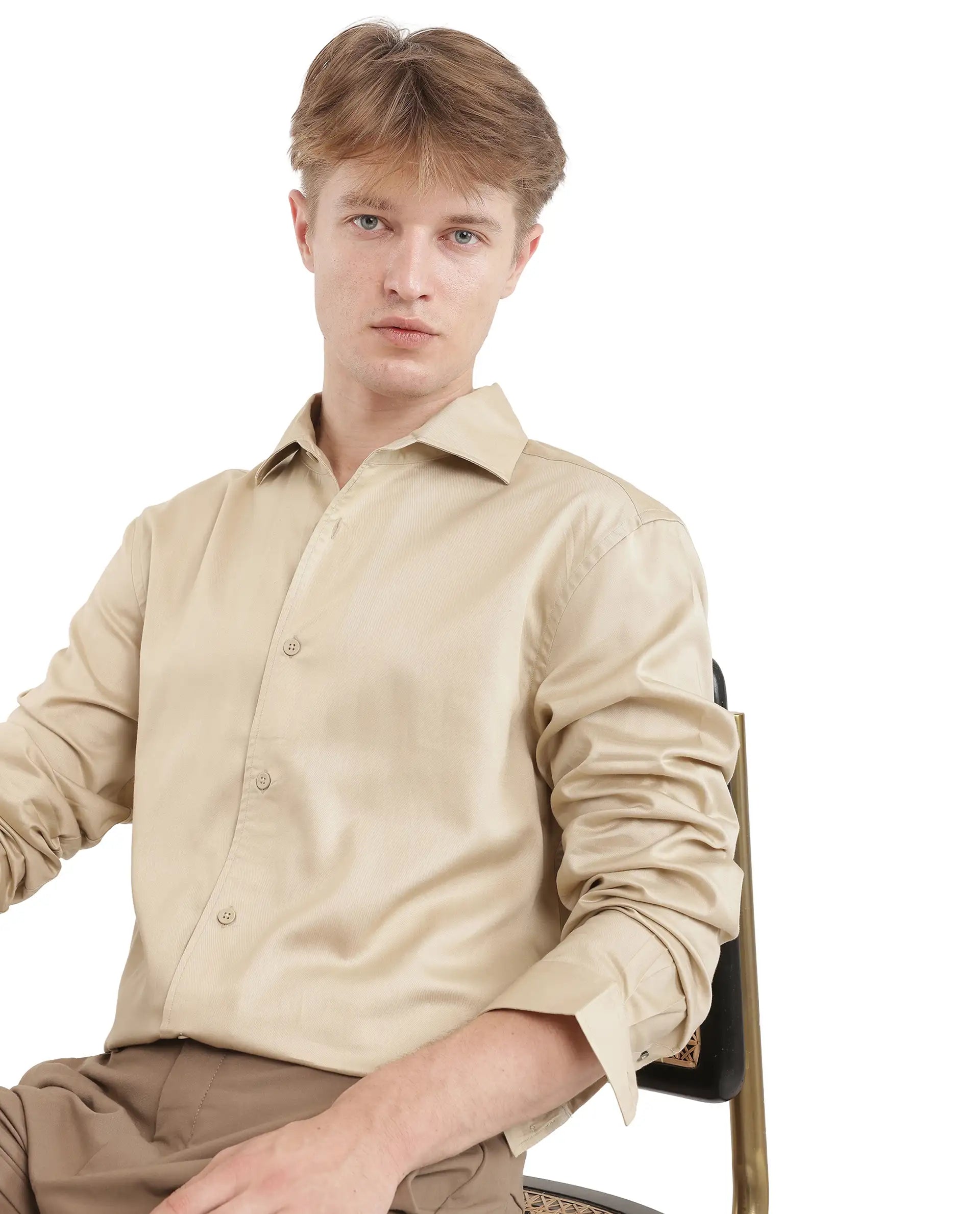 Rare Rabbit Men's Fury Beige Cotton Fabric Full Sleeve Collared Neck Button Closure Relaxed Fit Plain Shirt