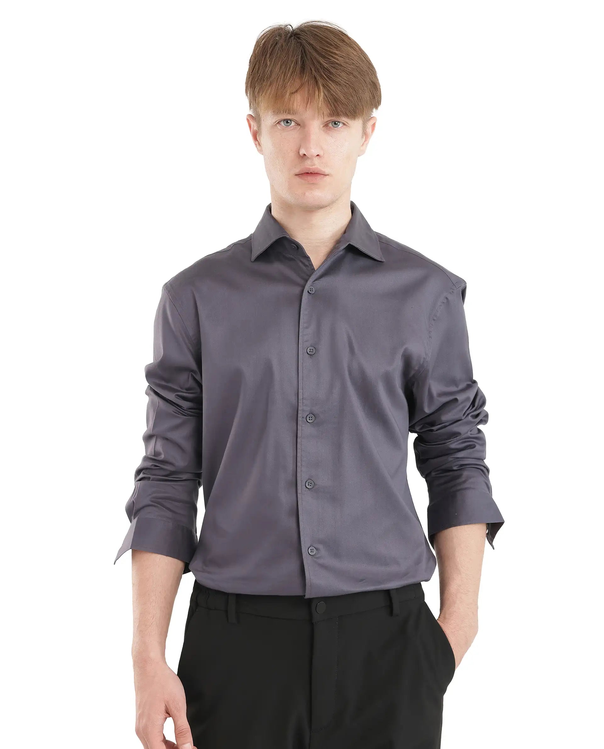 Rare Rabbit Men's Fury Dark Grey Cotton Fabric Full Sleeve Collared Neck Button Closure Relaxed Fit Plain Shirt