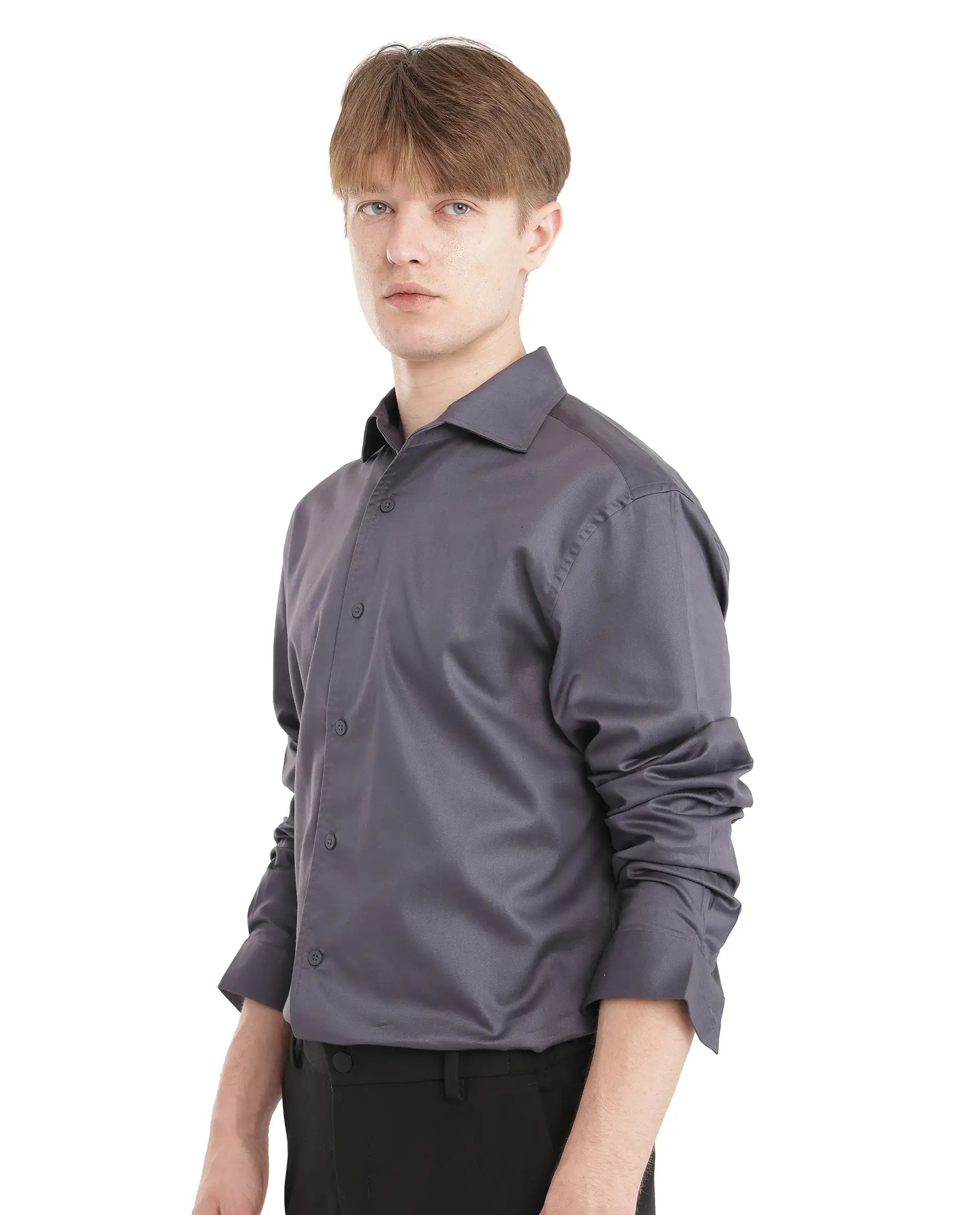 Rare Rabbit Men's Fury Dark Grey Cotton Fabric Full Sleeve Collared Neck Button Closure Relaxed Fit Plain Shirt