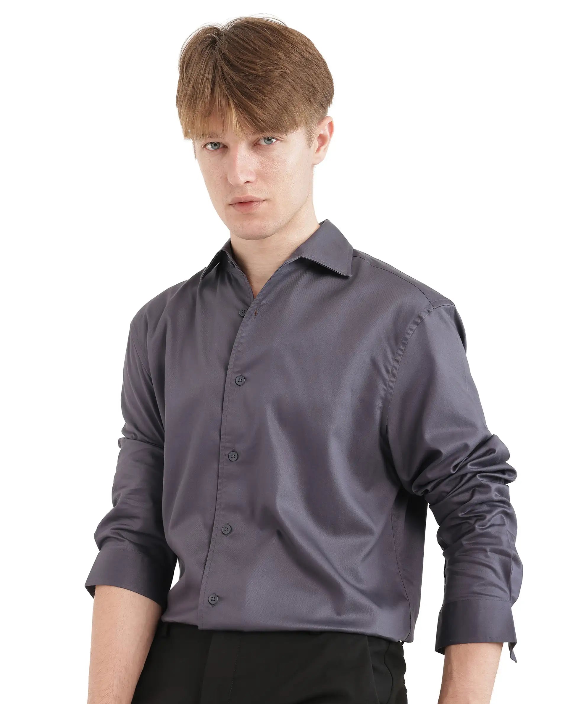 Rare Rabbit Men's Fury Dark Grey Cotton Fabric Full Sleeve Collared Neck Button Closure Relaxed Fit Plain Shirt