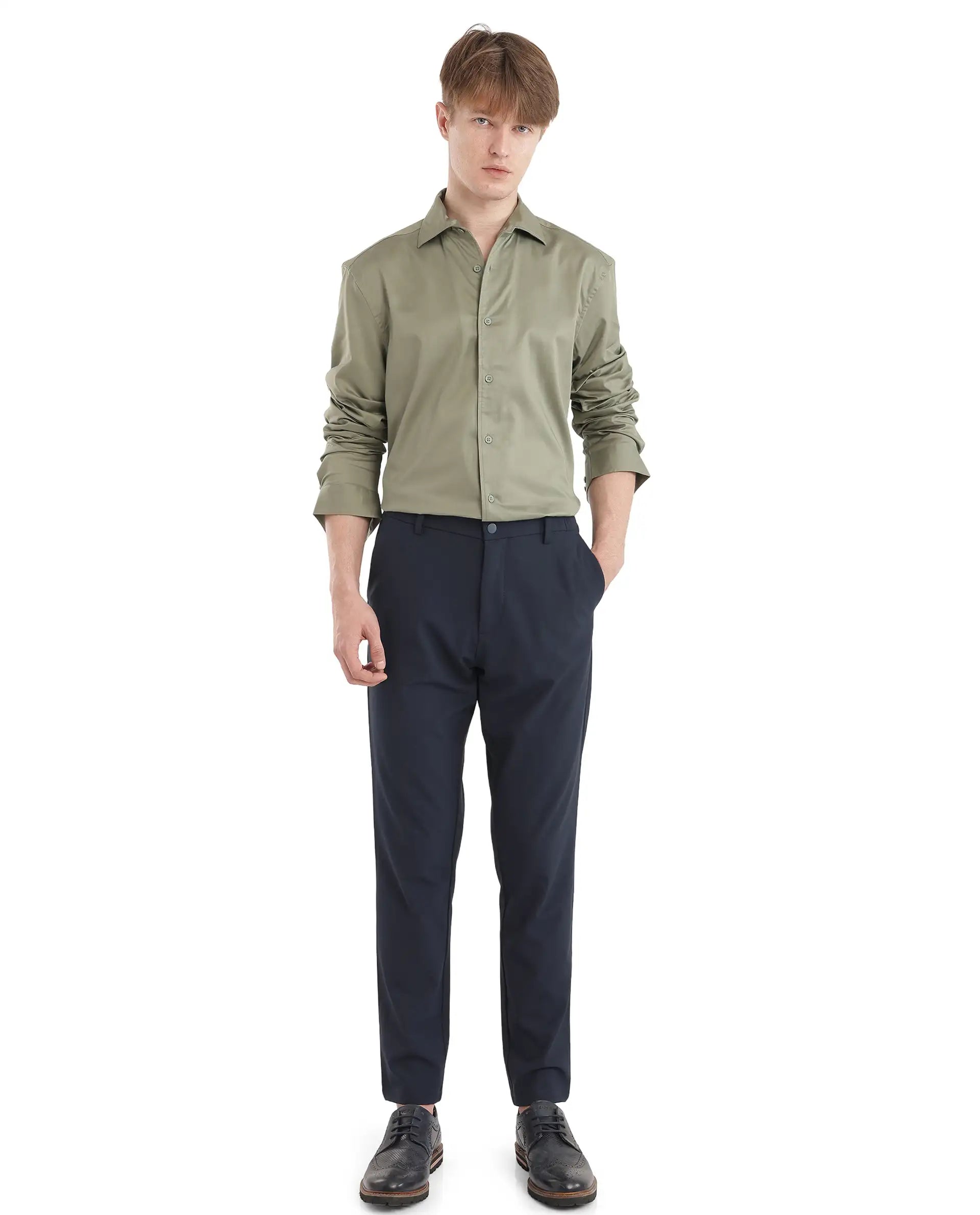 Rare Rabbit Men's Fury Dusky Green Cotton Fabric Full Sleeve Collared Neck Button Closure Relaxed Fit Plain Shirt