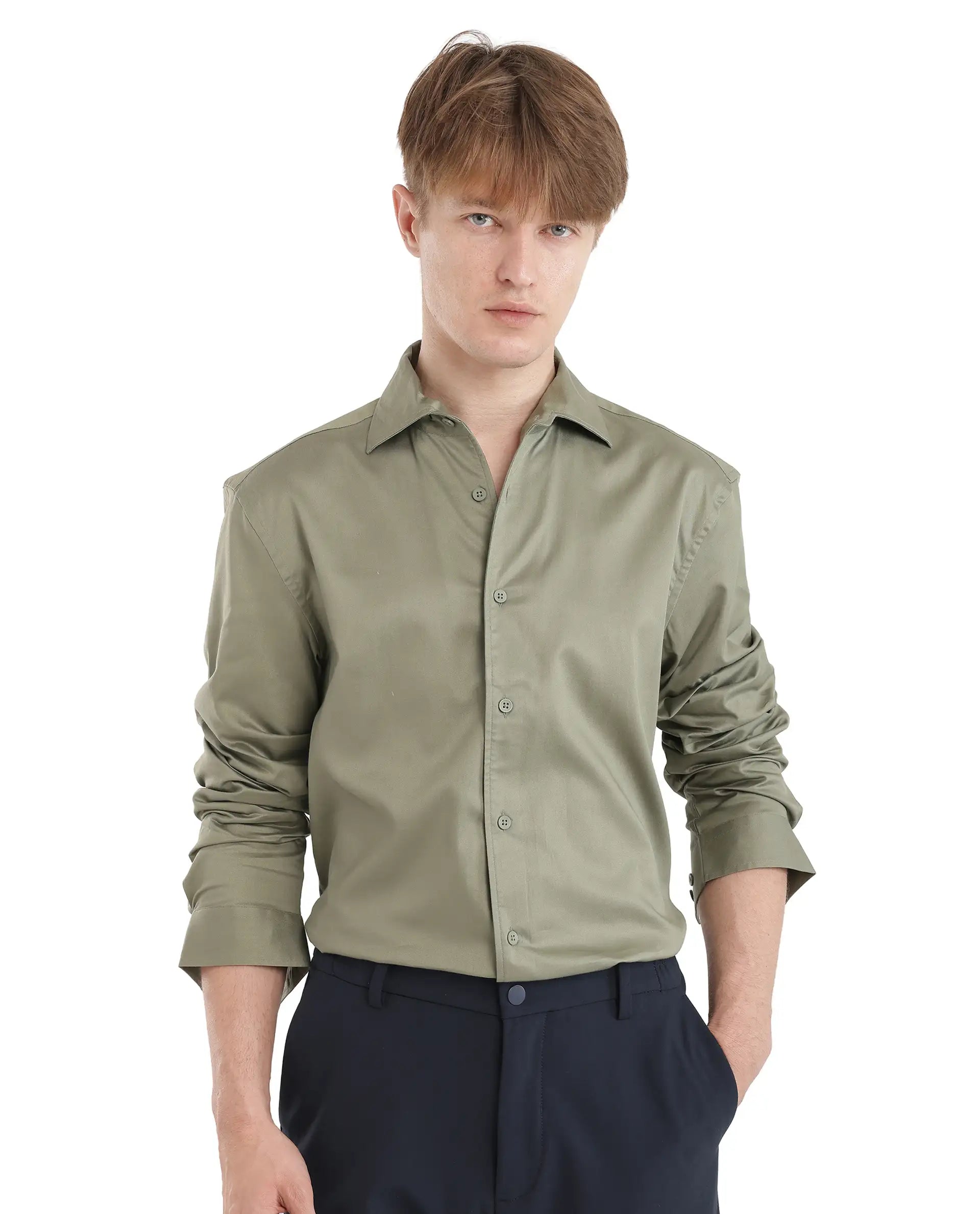 Rare Rabbit Men's Fury Dusky Green Cotton Fabric Full Sleeve Collared Neck Button Closure Relaxed Fit Plain Shirt