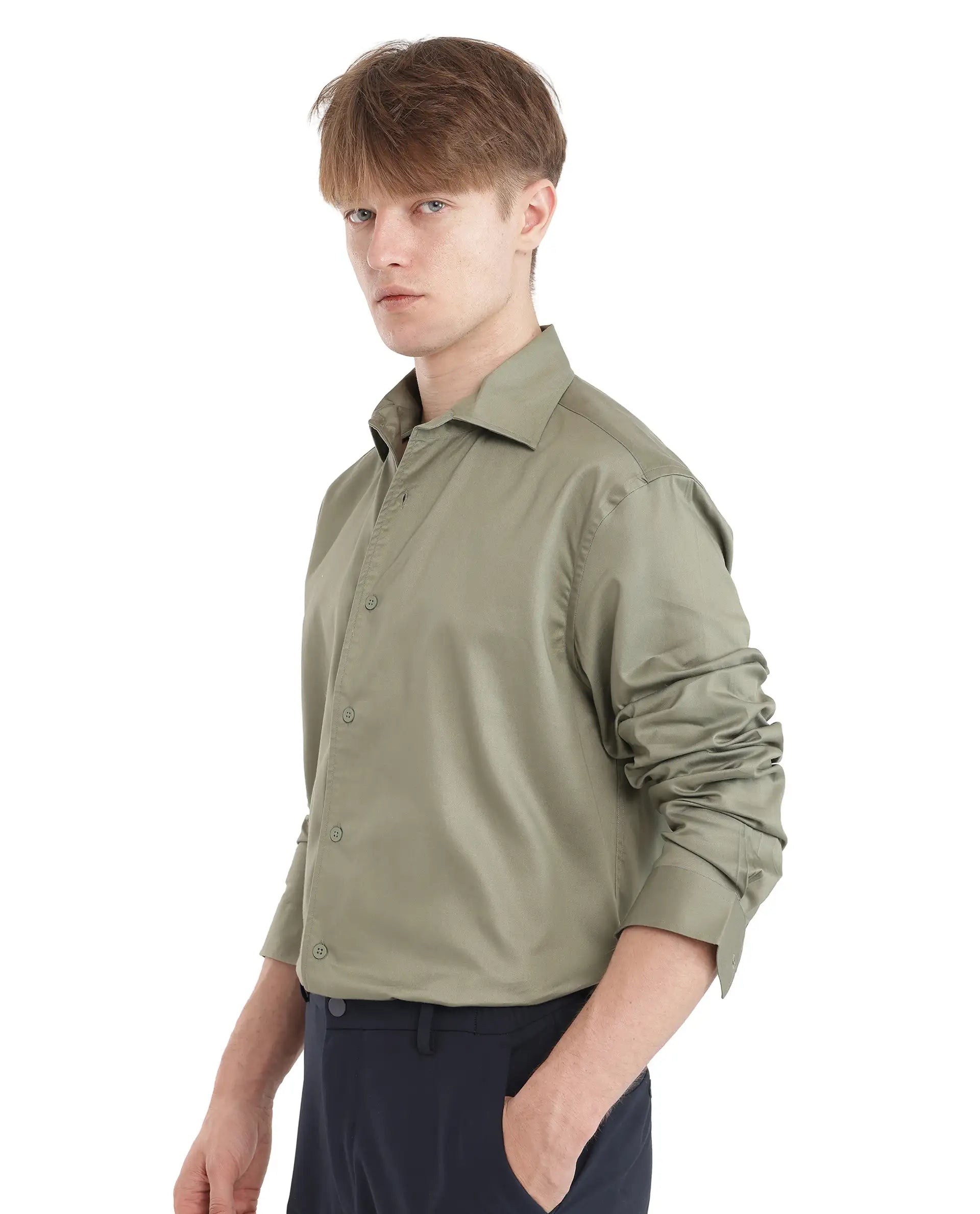 Rare Rabbit Men's Fury Dusky Green Cotton Fabric Full Sleeve Collared Neck Button Closure Relaxed Fit Plain Shirt