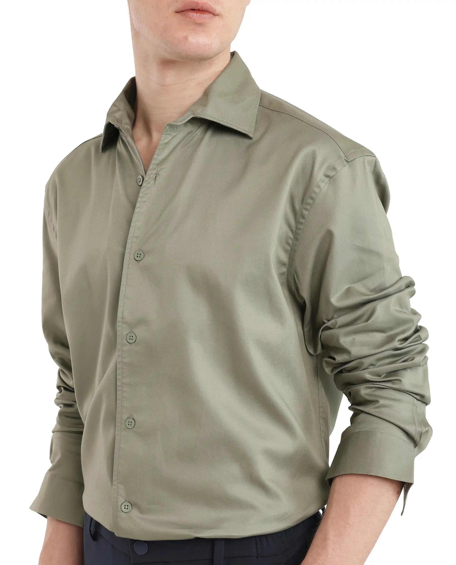 Rare Rabbit Men's Fury Dusky Green Cotton Fabric Full Sleeve Collared Neck Button Closure Relaxed Fit Plain Shirt