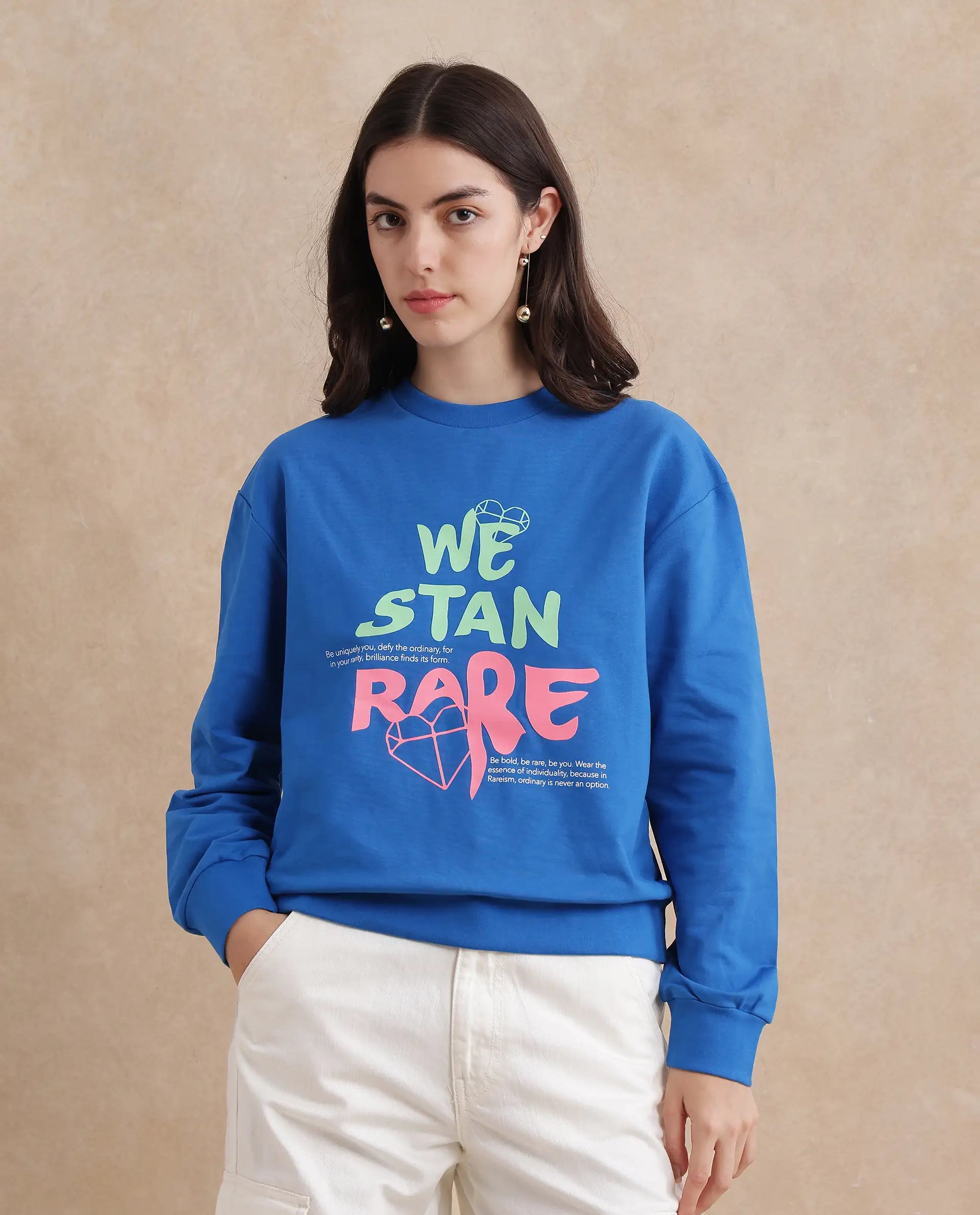 Rareism Women Fuzer Blue Cotton Blend Fabric Full Sleeve Crew Neck Relaxed Fit Graphic Print Sweatshirt