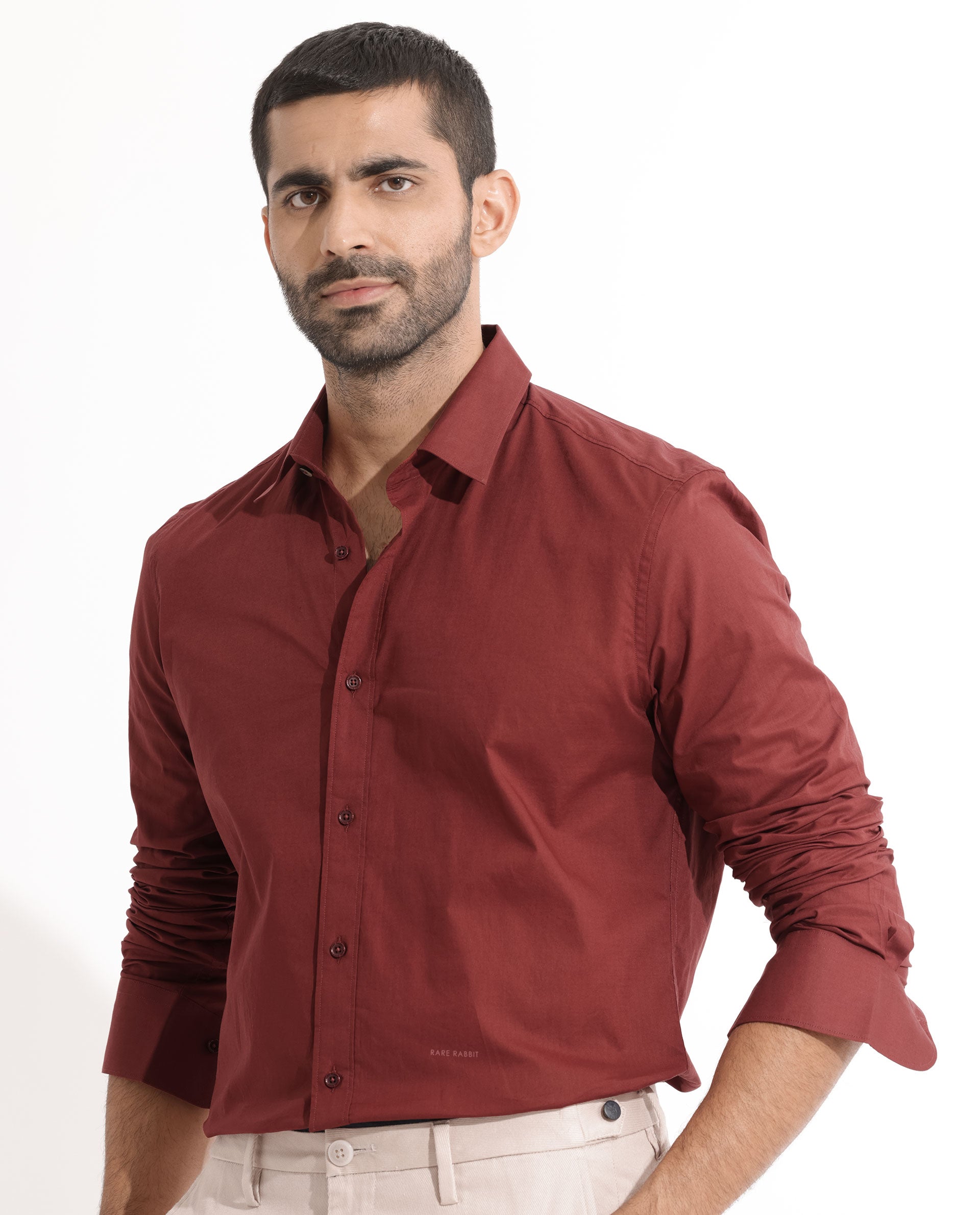 Rare Rabbit Men's Fullslee Maroon Cotton Fabric Full Sleeves Solid Shirt