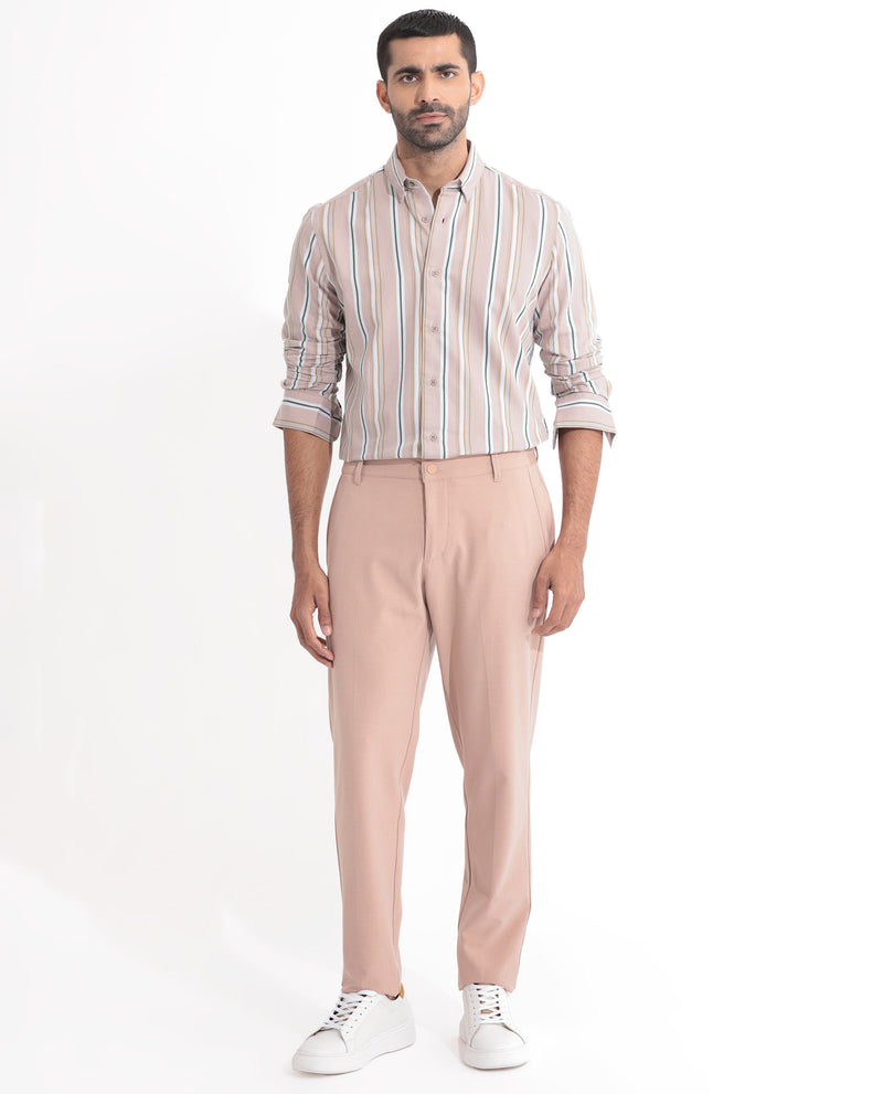 Rare Rabbit Men's Fushion Dusky Pink Cotton Fabric Full Sleeves Striped Shirt
