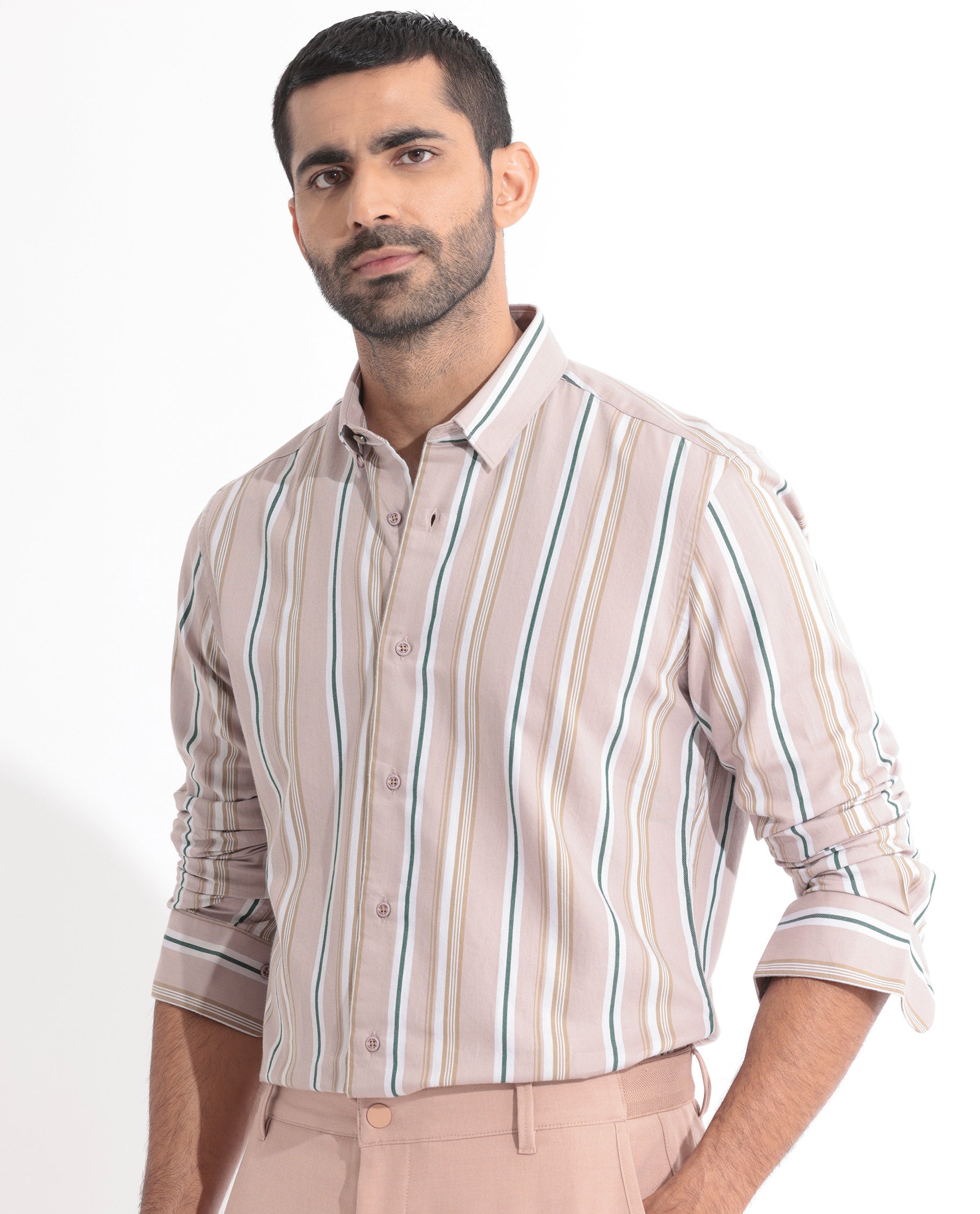 Rare Rabbit Men's Fushion Dusky Pink Cotton Fabric Full Sleeves Striped Shirt