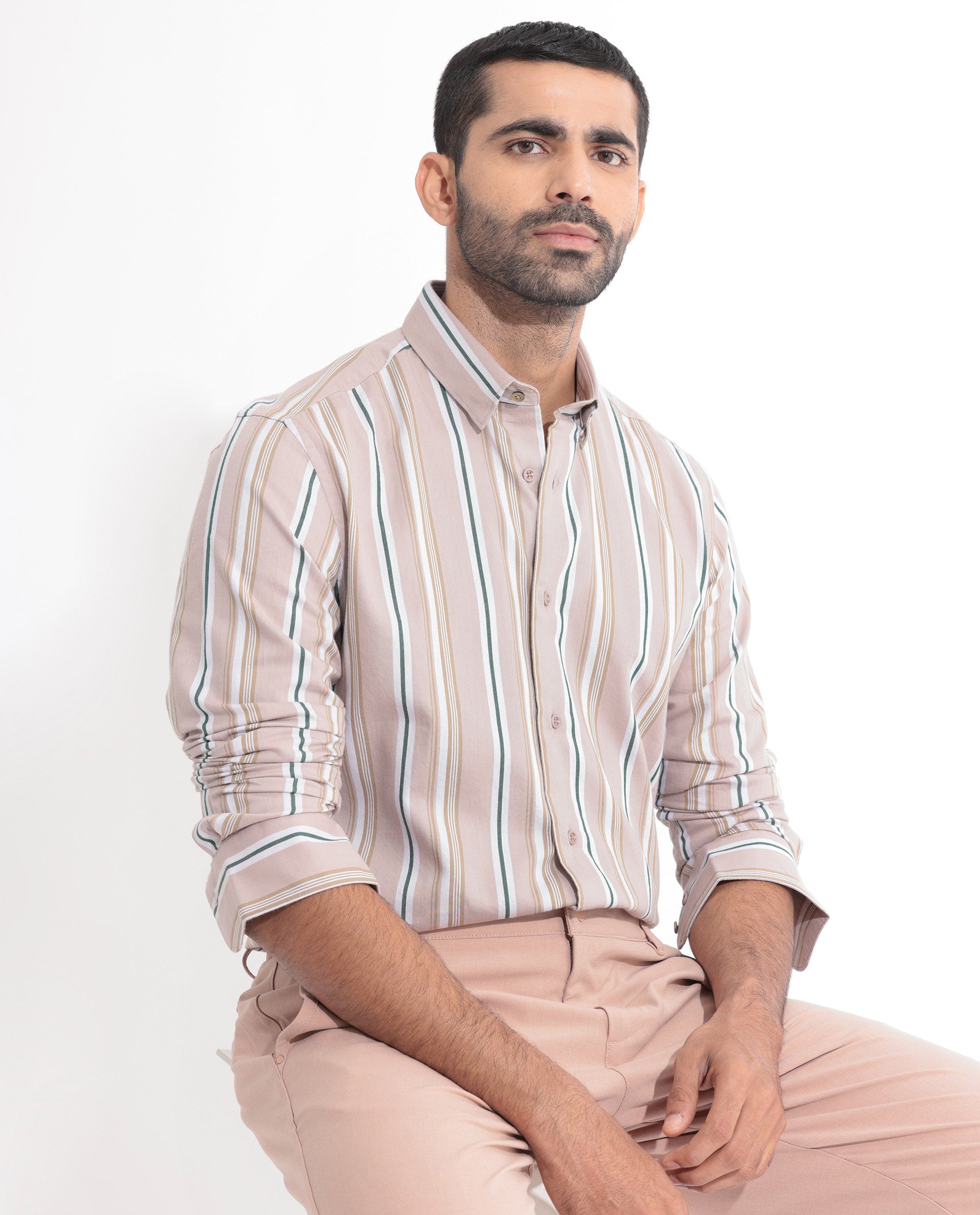 Rare Rabbit Men's Fushion Dusky Pink Cotton Fabric Full Sleeves Striped Shirt