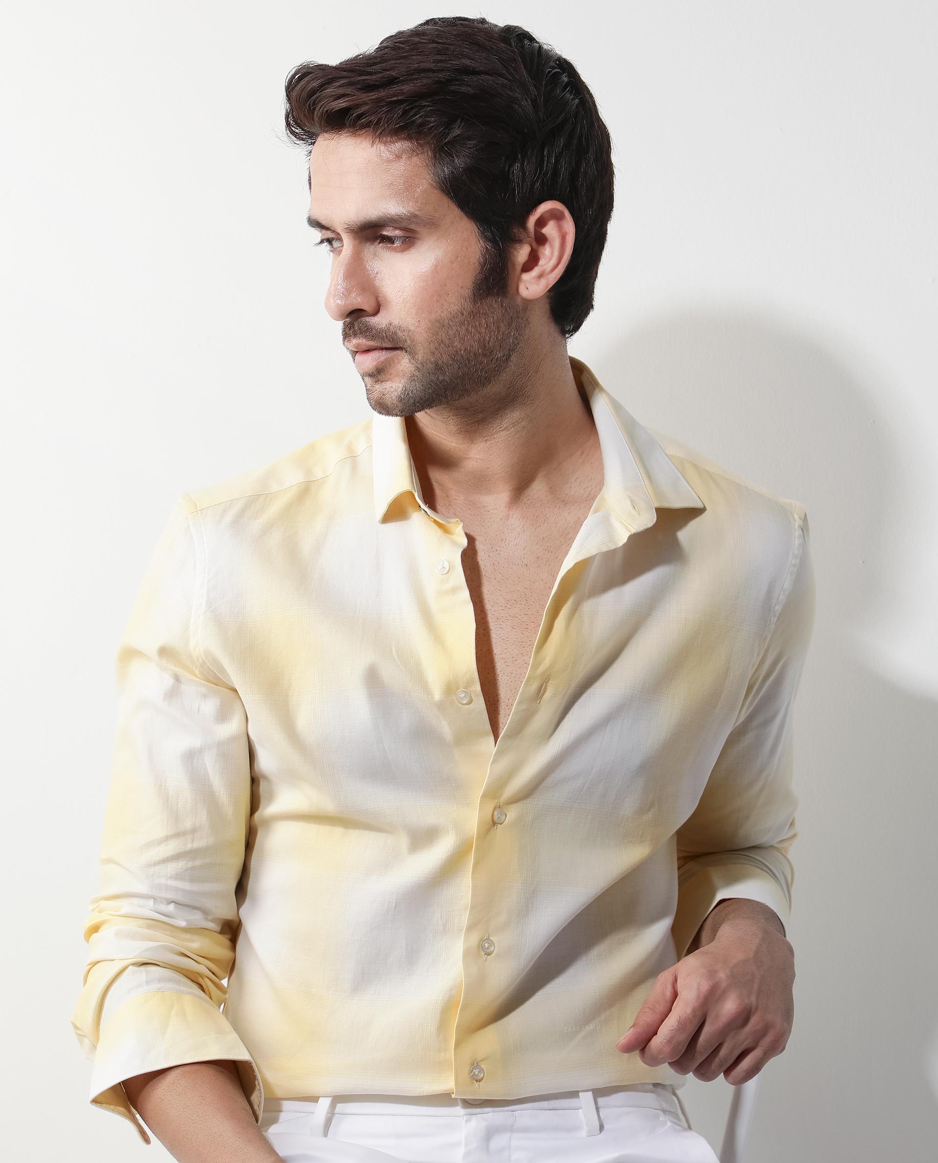 Rare Rabbit Men's Gabin Light Yellow Cotton Checked Print Regular Fit