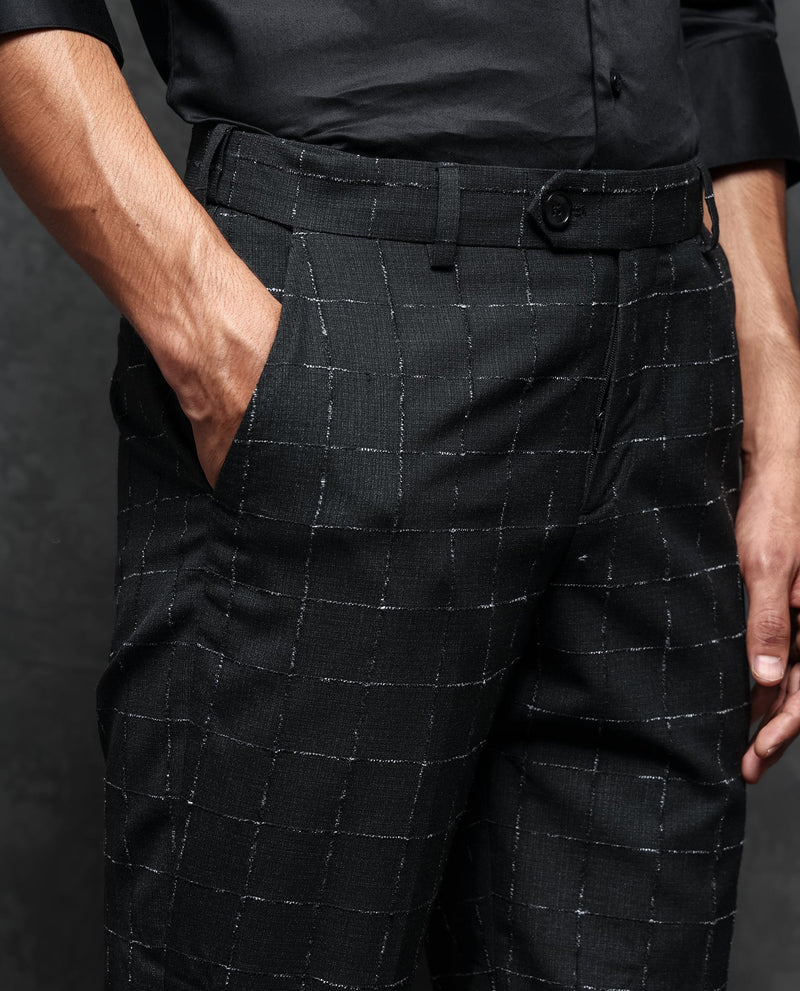 Rare Rabbit Men's Gabler Black Polyester Viscose Fabric Notch Lapel Button Closure Single Breasted Textured Windowpane Checks Suits