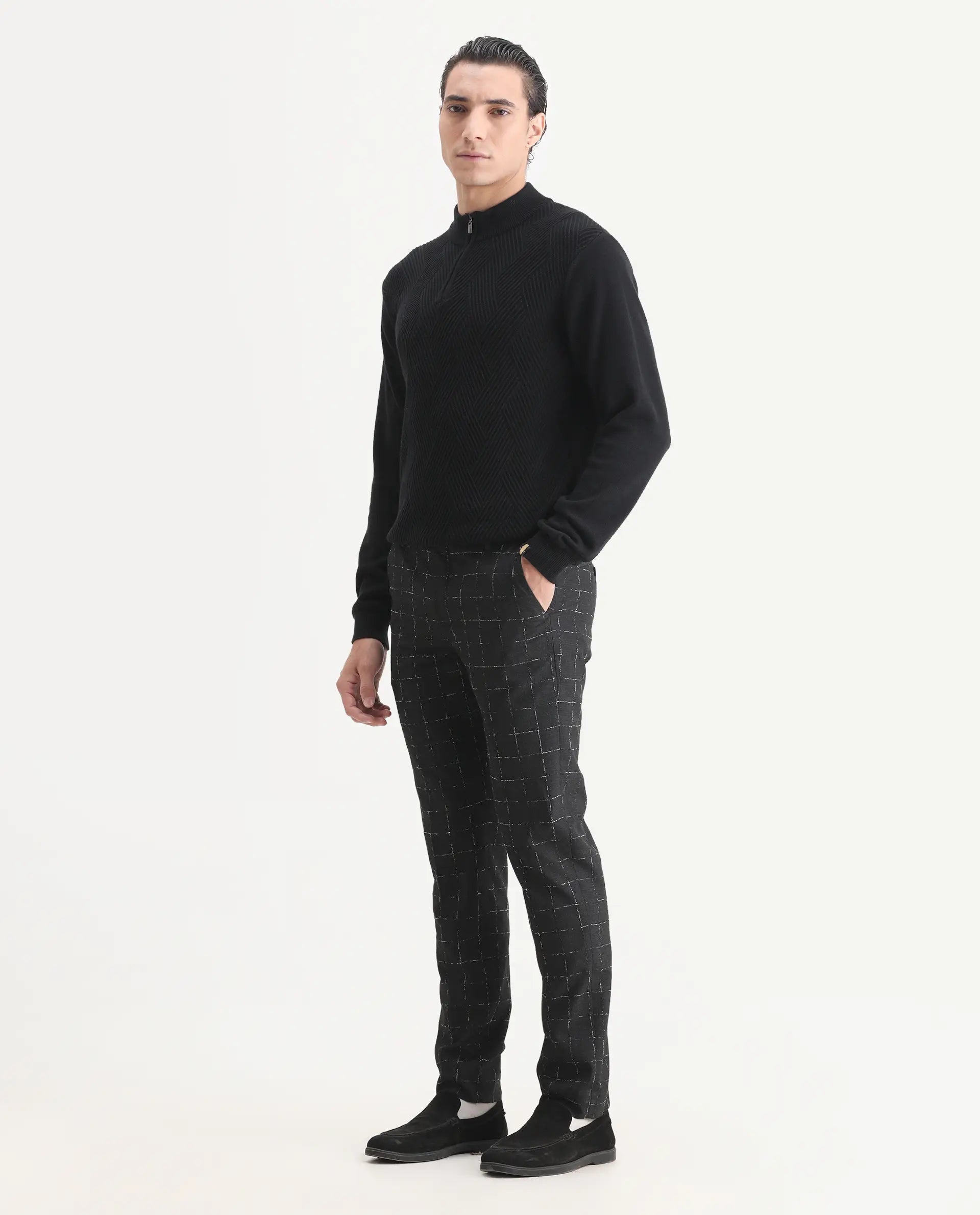 Rare Rabbit Men's Gabler Black Polyester Checked Print Tailored Fit Full Sleeve Lapel Neck Suits