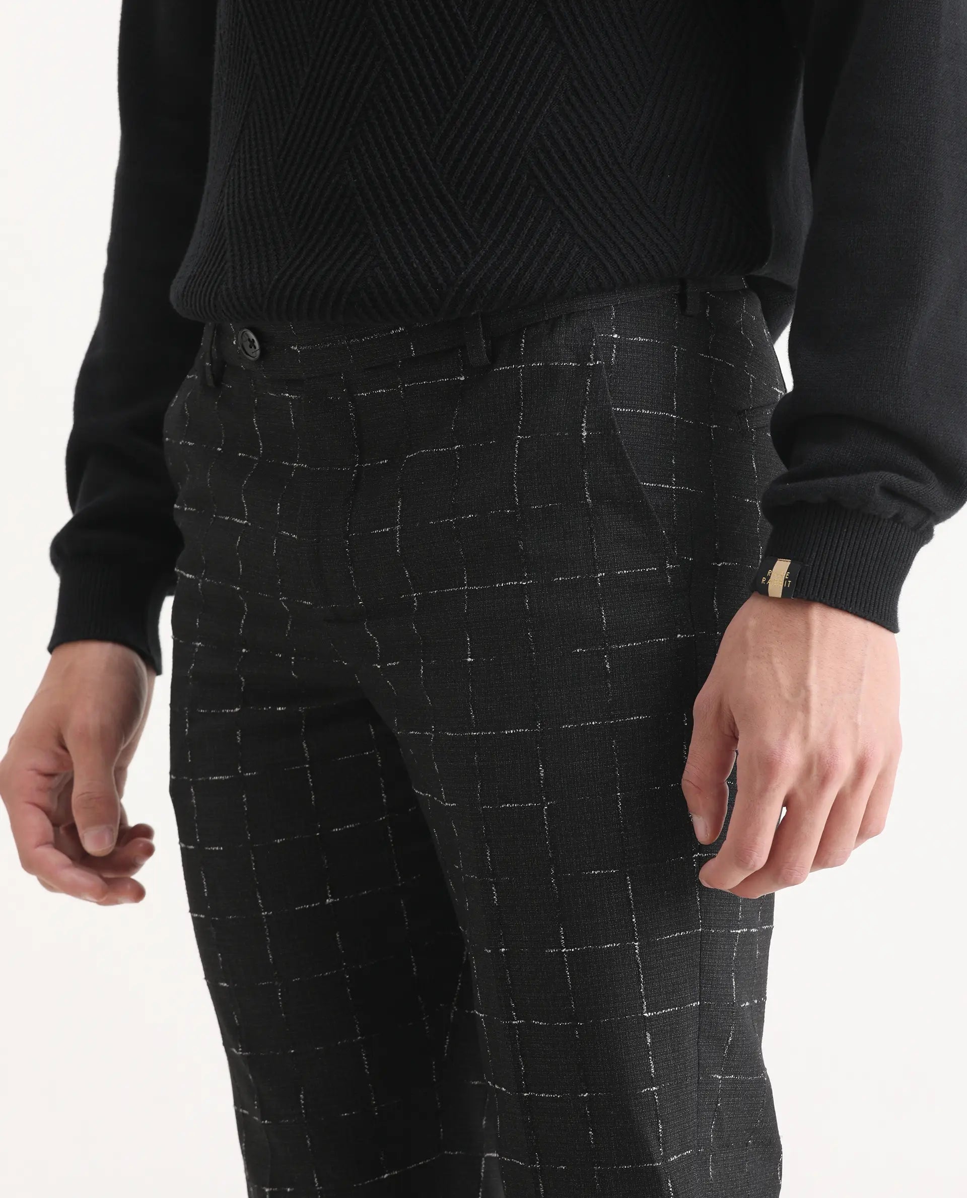 Rare Rabbit Men's Gabler Black Polyester Checked Print Tailored Fit Full Sleeve Lapel Neck Suits