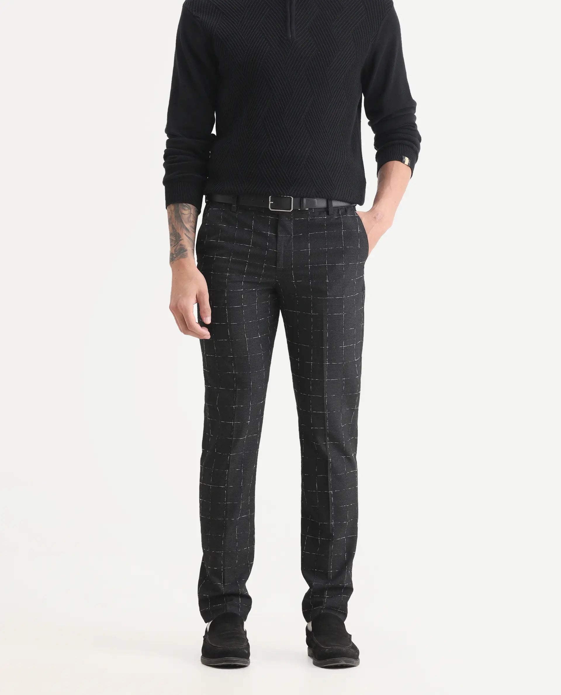 Rare Rabbit Men's Gabler Black Polyester Checked Print Tailored Fit Full Sleeve Lapel Neck Suits