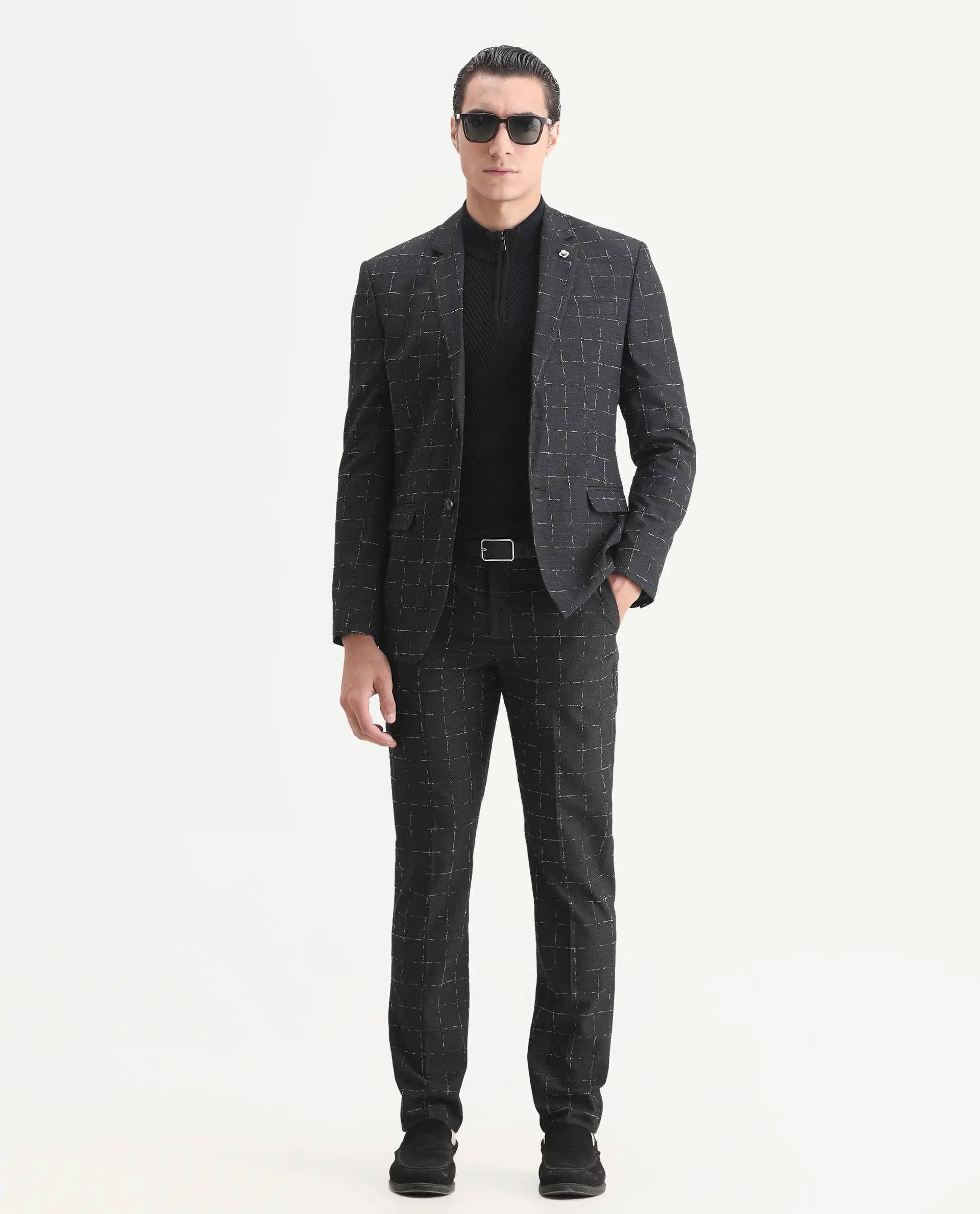 Rare Rabbit Men's Gabler Black Polyester Checked Print Tailored Fit Full Sleeve Lapel Neck Suits