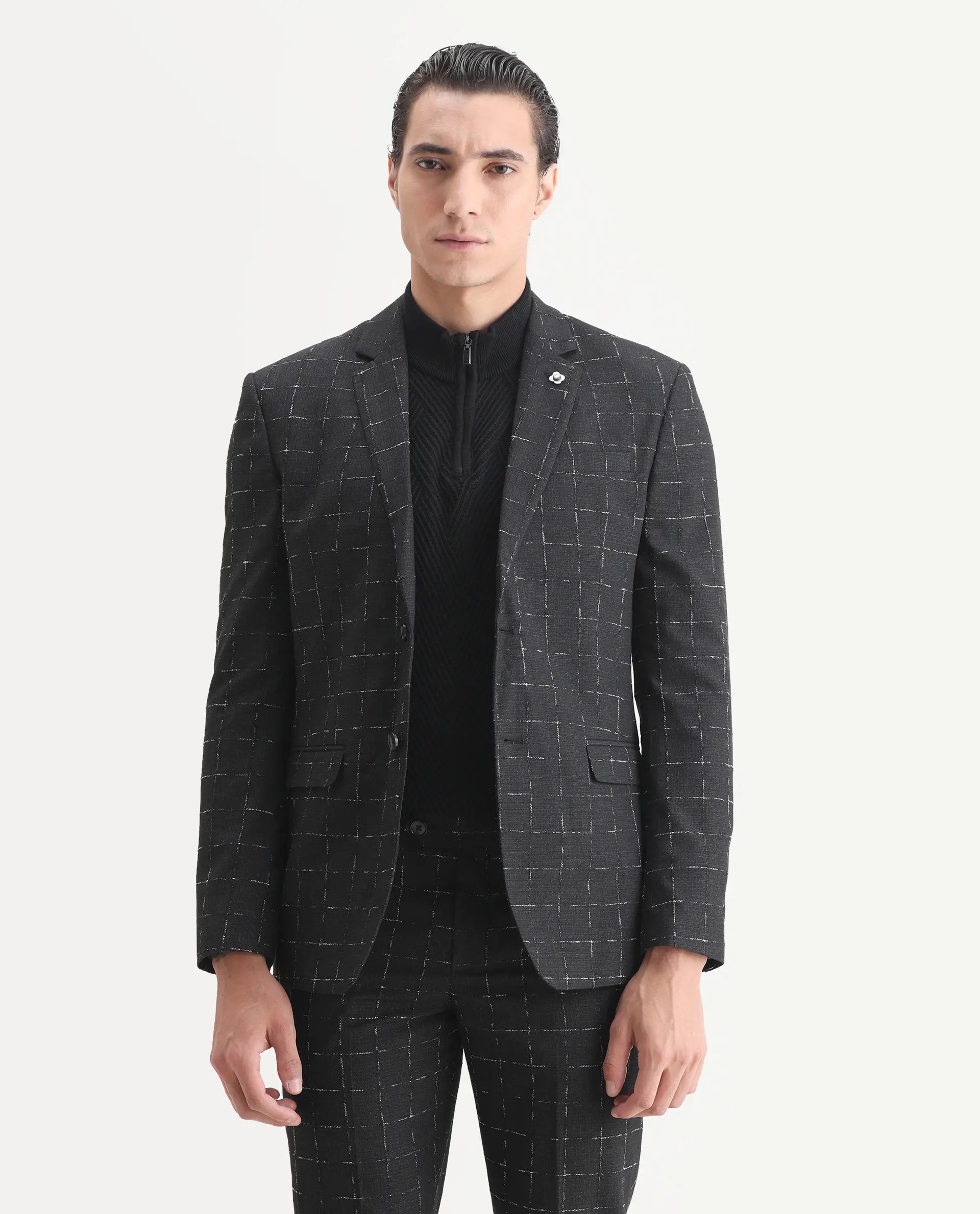 Rare Rabbit Men's Gabler Black Polyester Checked Print Tailored Fit Full Sleeve Lapel Neck Suits