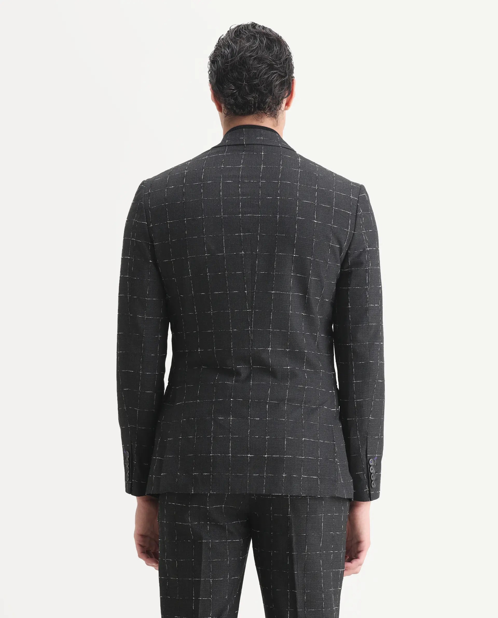 Rare Rabbit Men's Gabler Black Polyester Checked Print Tailored Fit Full Sleeve Lapel Neck Suits