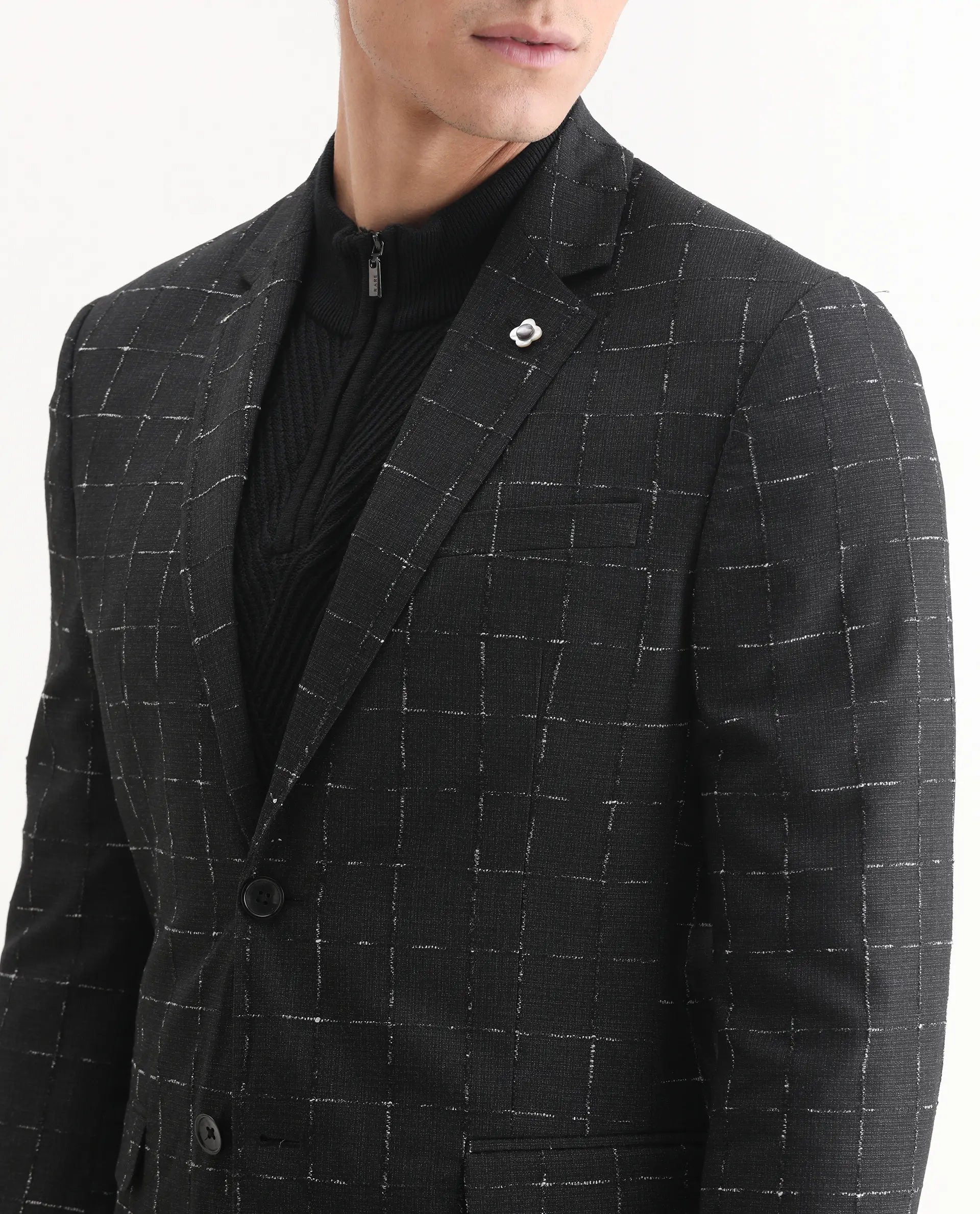 Rare Rabbit Men's Gabler Black Polyester Checked Print Tailored Fit Full Sleeve Lapel Neck Suits