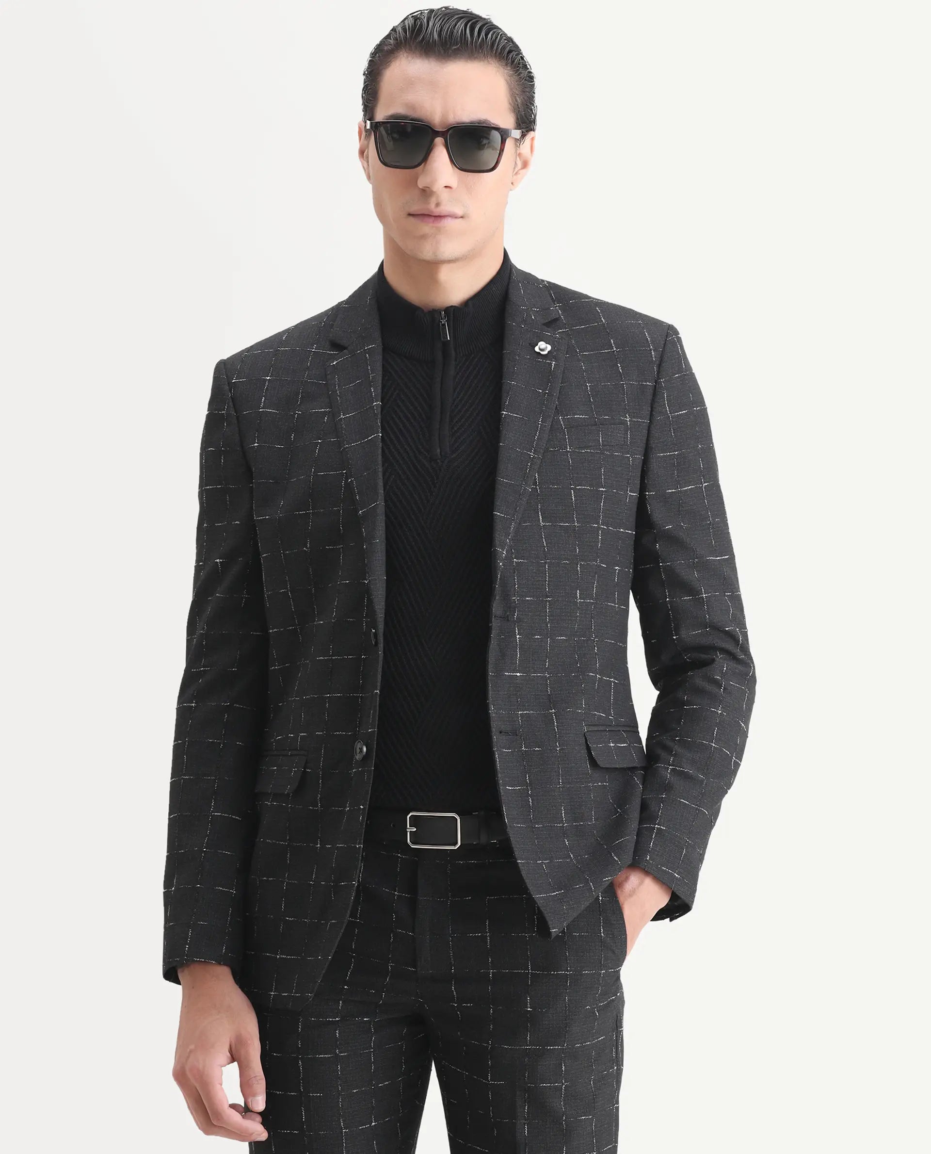 Rare Rabbit Men's Gabler Black Polyester Checked Print Tailored Fit Full Sleeve Lapel Neck Suits