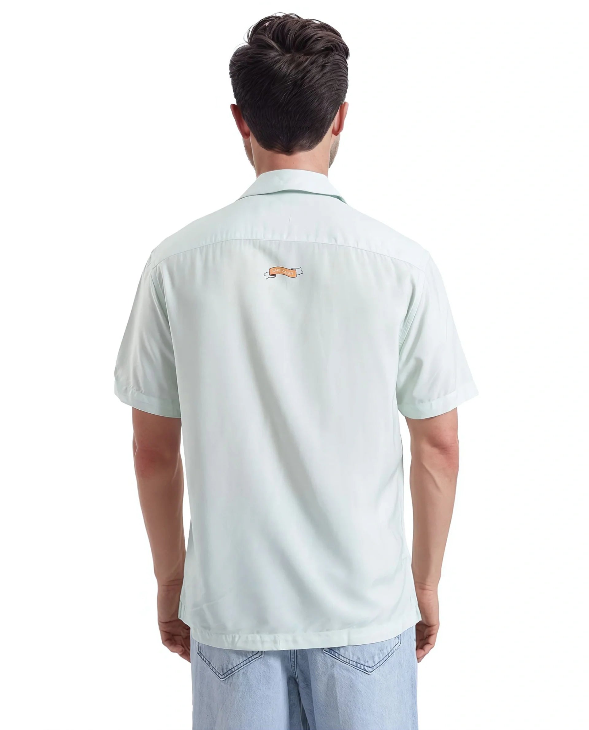 Rare Rabbit Men's Gacrux Pastel Green Cotton Fabric Short Sleeve Cuban Collared Button Closure Floral Placement Print Shirt