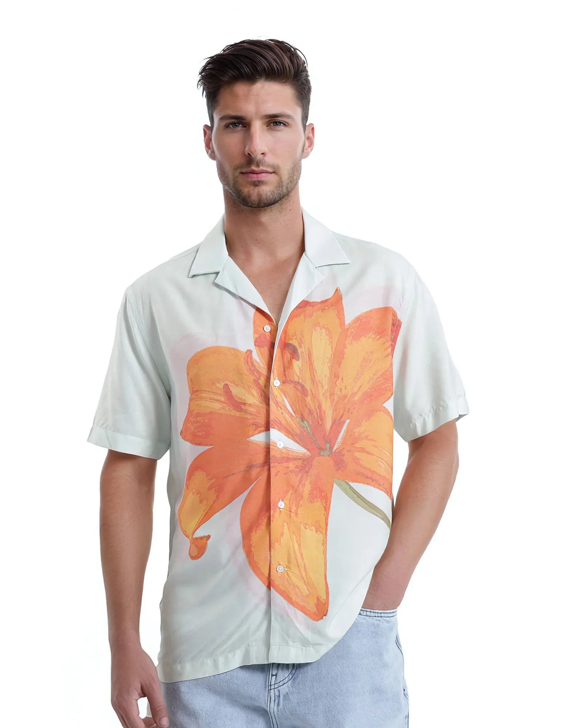 Rare Rabbit Men's Gacrux Pastel Green Cotton Fabric Short Sleeve Cuban Collared Button Closure Floral Placement Print Shirt