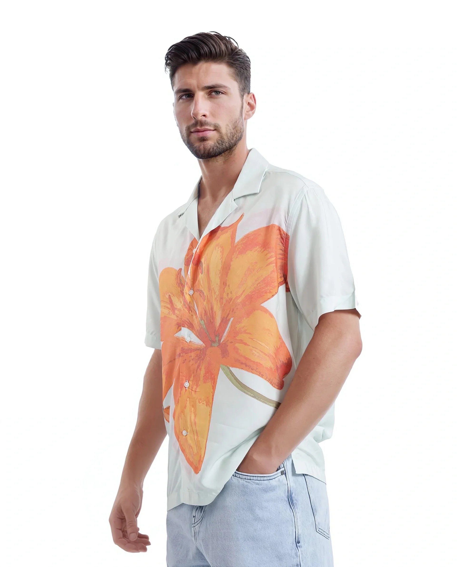 Rare Rabbit Men's Gacrux Pastel Green Cotton Fabric Short Sleeve Cuban Collared Button Closure Floral Placement Print Shirt