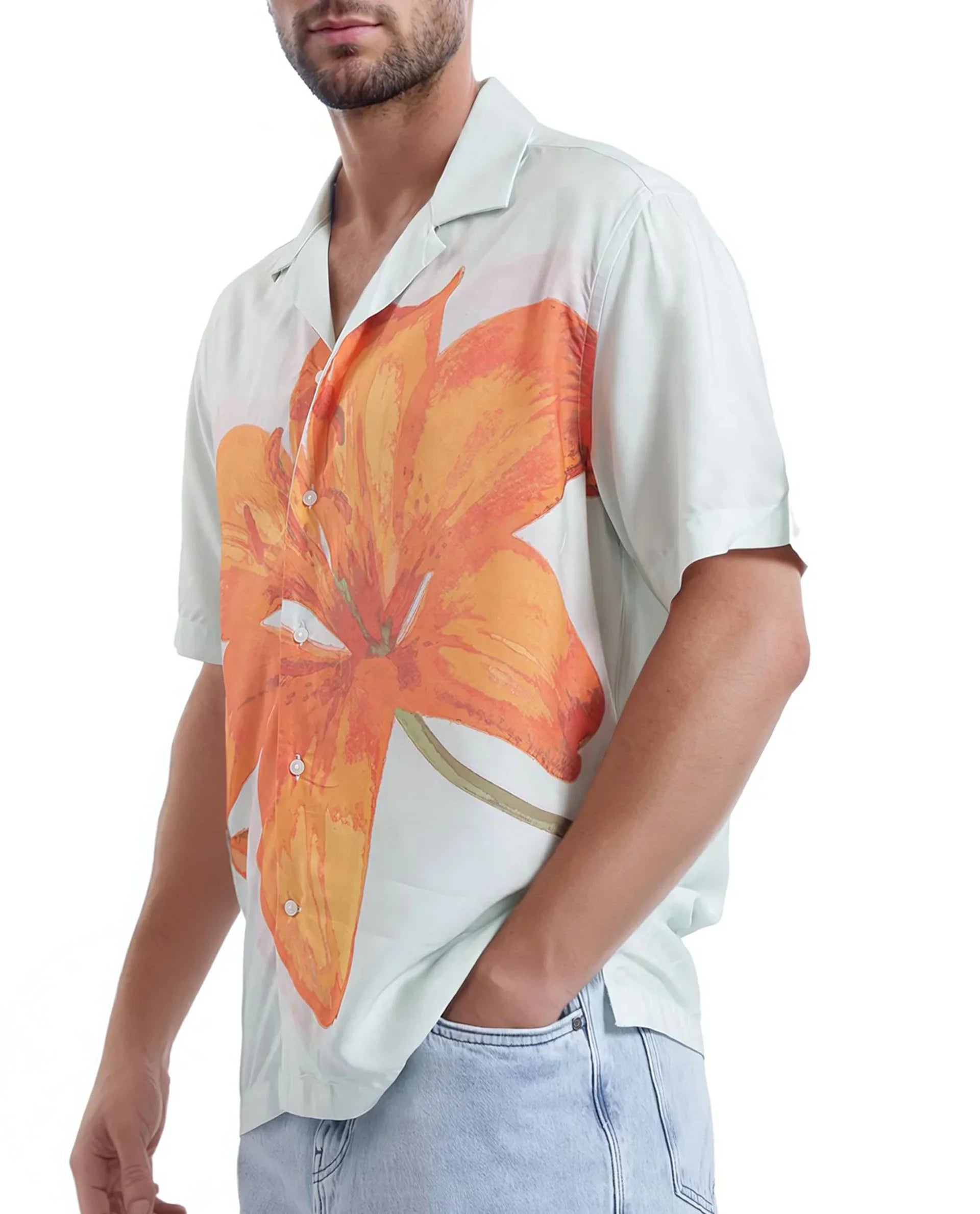 Rare Rabbit Men's Gacrux Pastel Green Cotton Fabric Short Sleeve Cuban Collared Button Closure Floral Placement Print Shirt