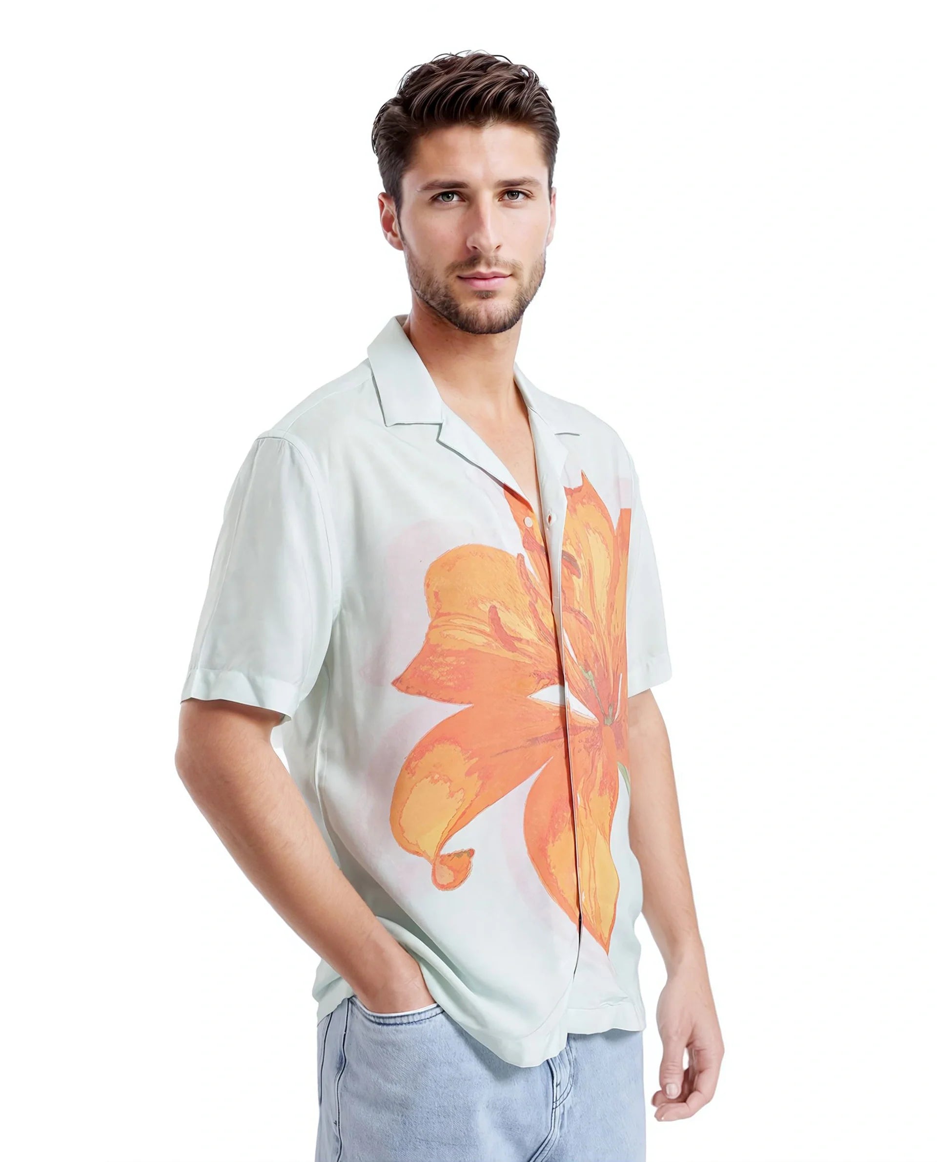 Rare Rabbit Men's Gacrux Pastel Green Cotton Fabric Short Sleeve Cuban Collared Button Closure Floral Placement Print Shirt