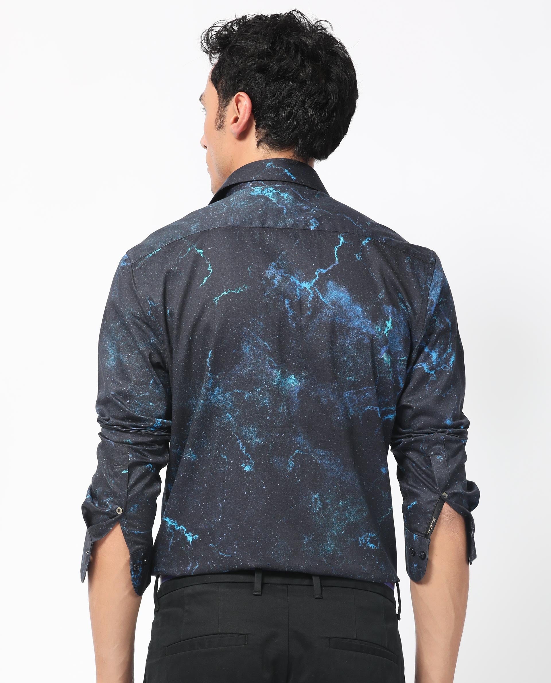 Rare Rabbit Men's Galaxx Navy Abstract Print Full Sleeves Shirt