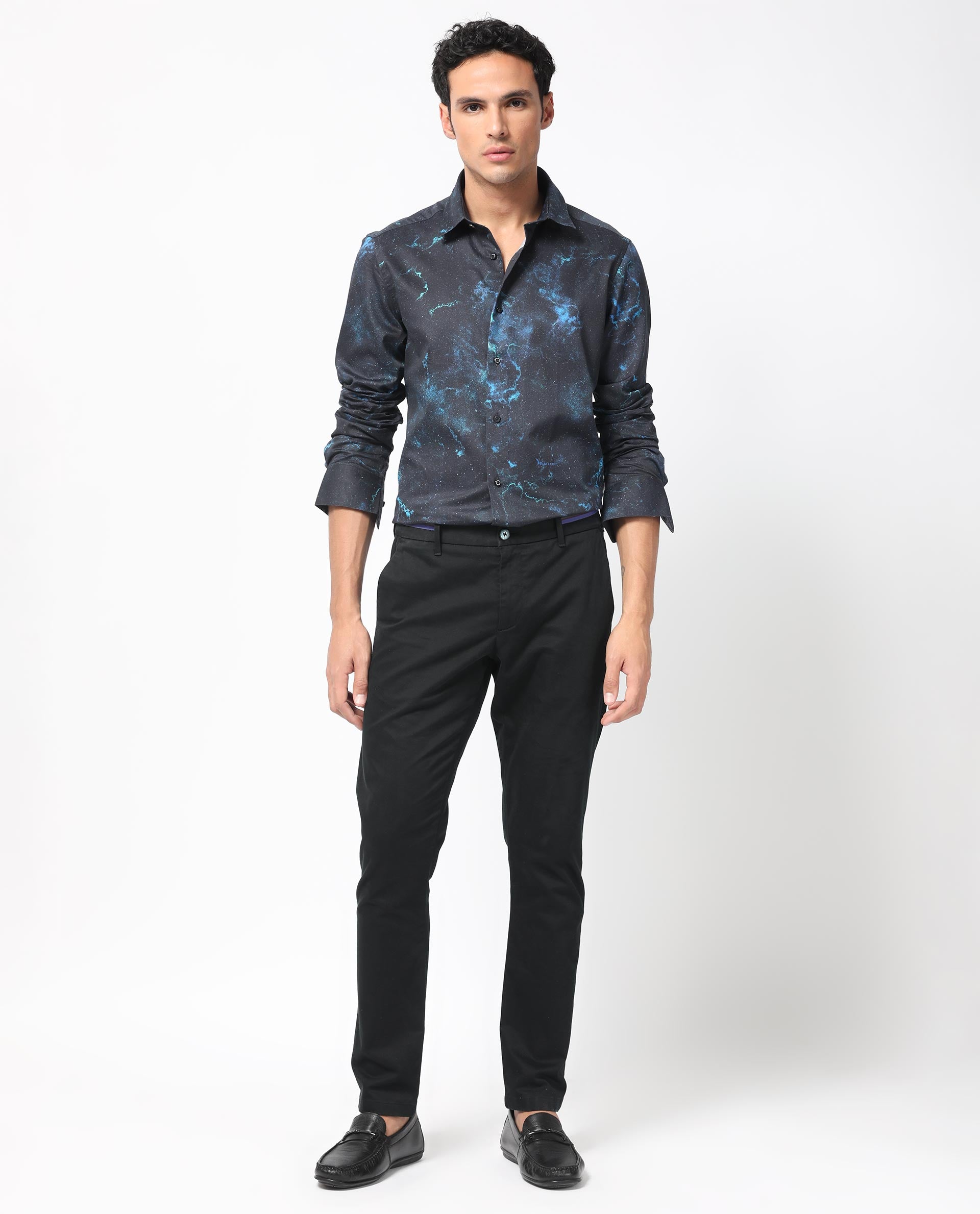 Rare Rabbit Men's Galaxx Navy Abstract Print Full Sleeves Shirt